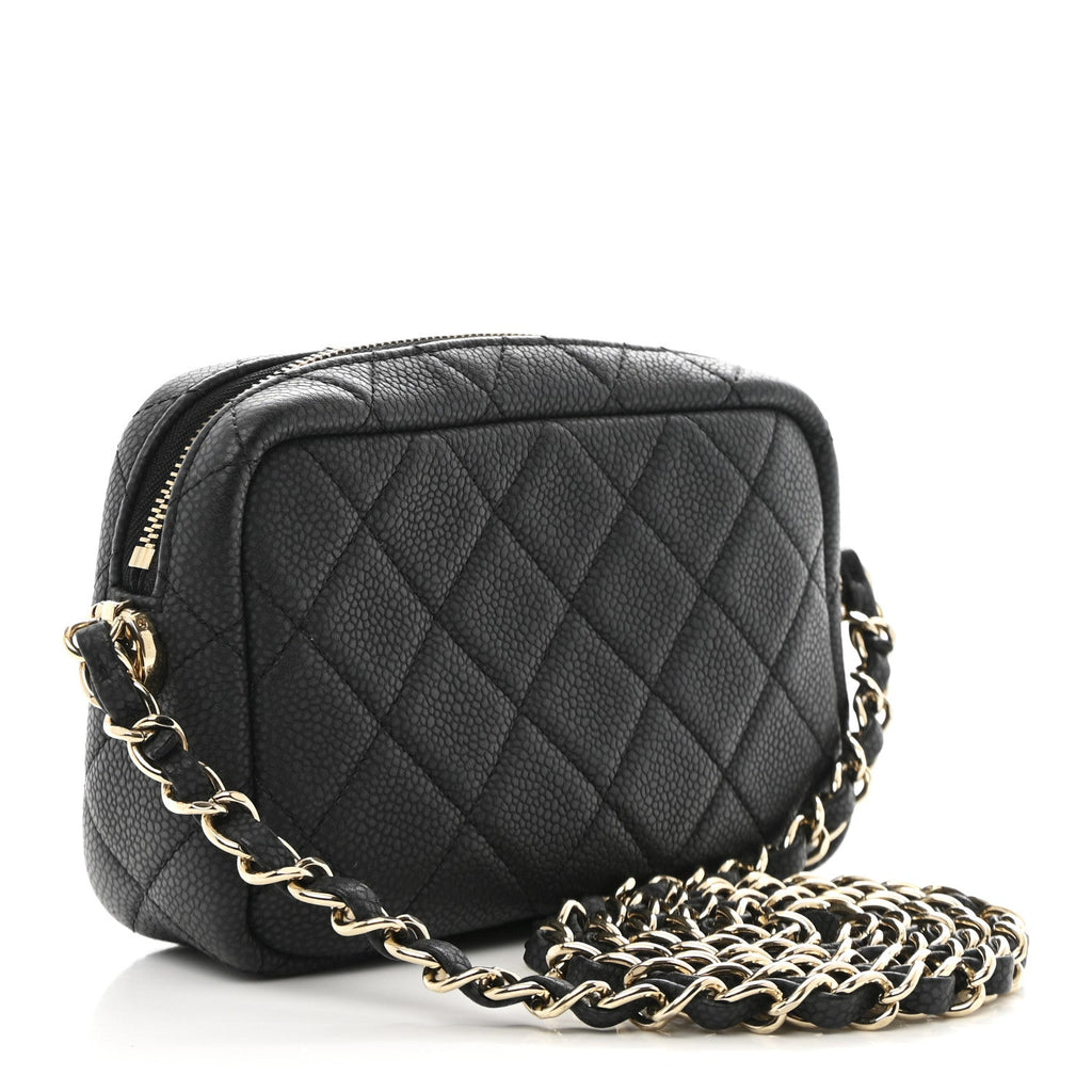 Iridescent Caviar Quilted Mini Coco Tassel Camera Case Black