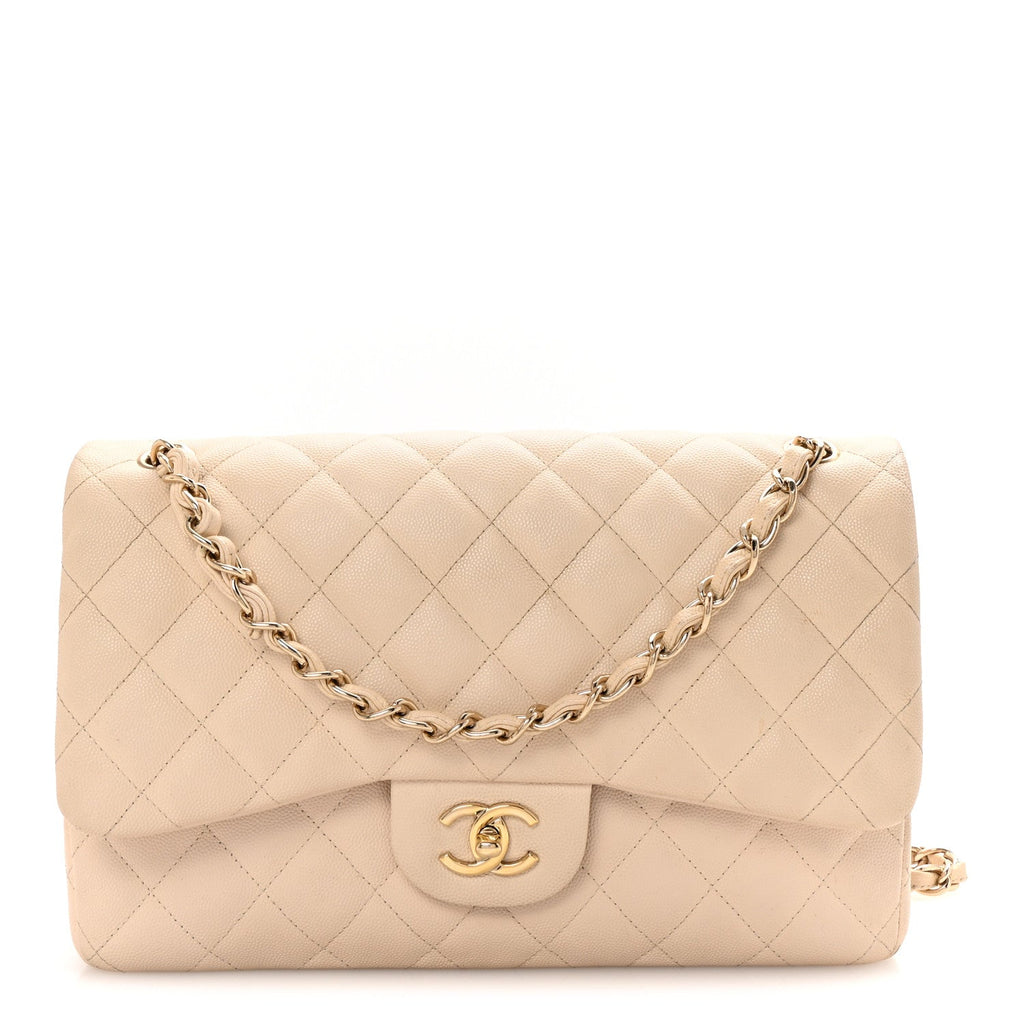 Caviar Quilted Jumbo Double Flap Light Beige