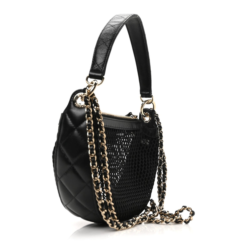Mesh Shiny Lambskin Chain Hobo Black
