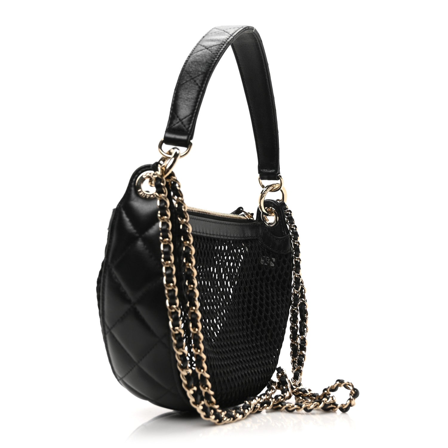 Mesh Shiny Lambskin Chain Hobo Black