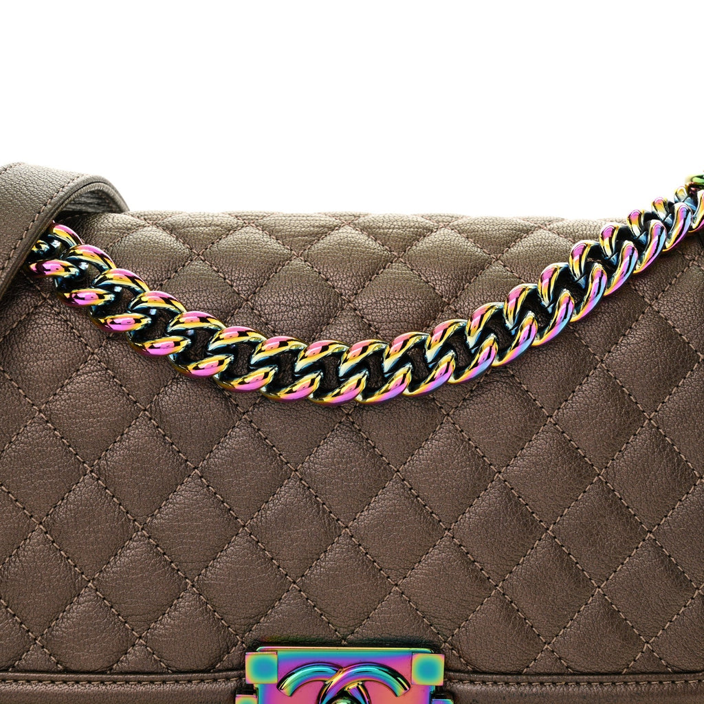 Iridescent Goatskin Quilted Medium Boy Flap Dark Gold