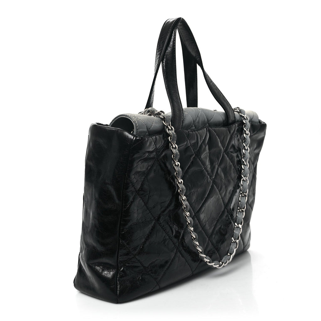 Glazed Calfskin Lambskin Quilted Portobello Tote Black Grey