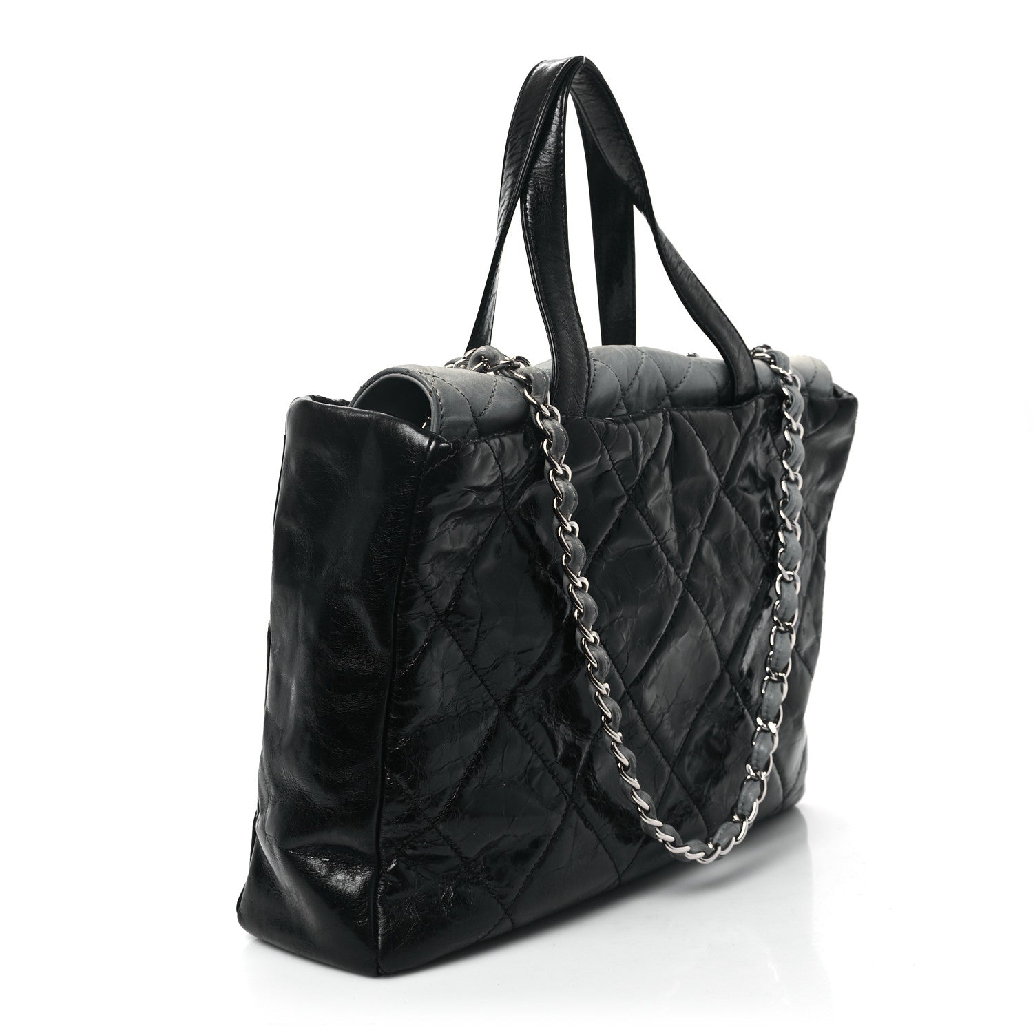 Glazed Calfskin Lambskin Quilted Portobello Tote Black Grey