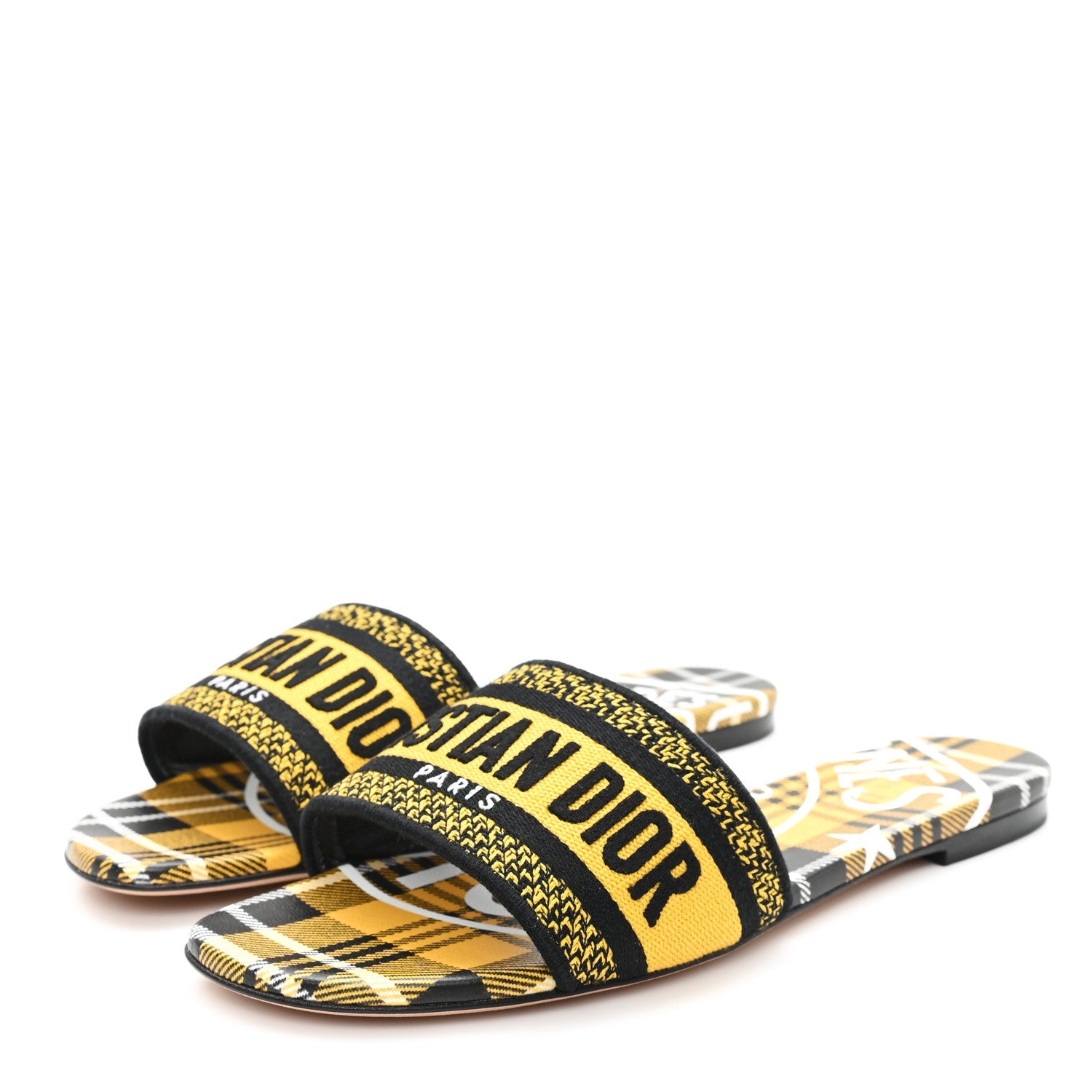 Canvas Union Check Embroidered Dway Flat Slide Sandals 38.5 Black Yellow
