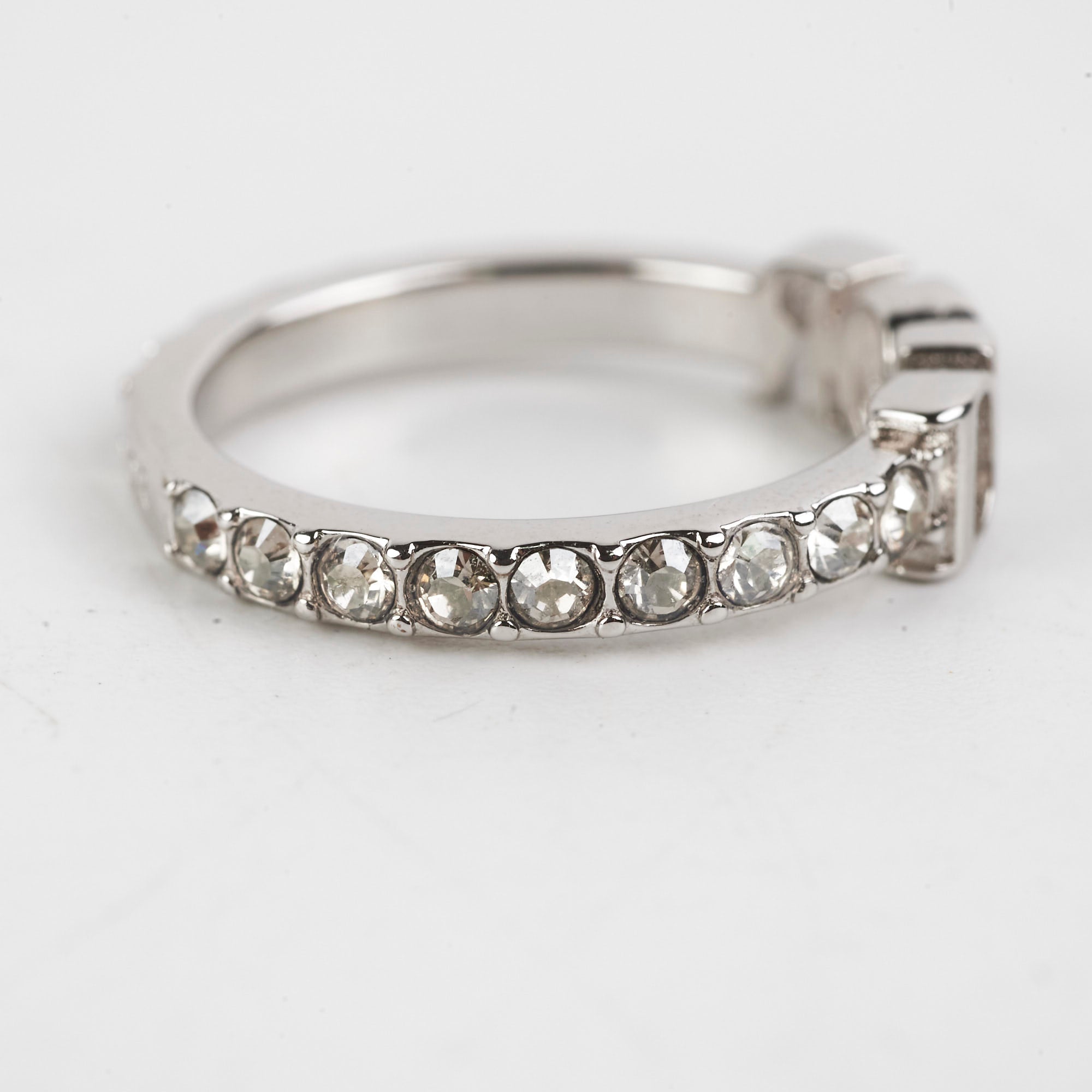 Christian Dior Logo Silver Rhinestone Ring Size M Costume Jewellery