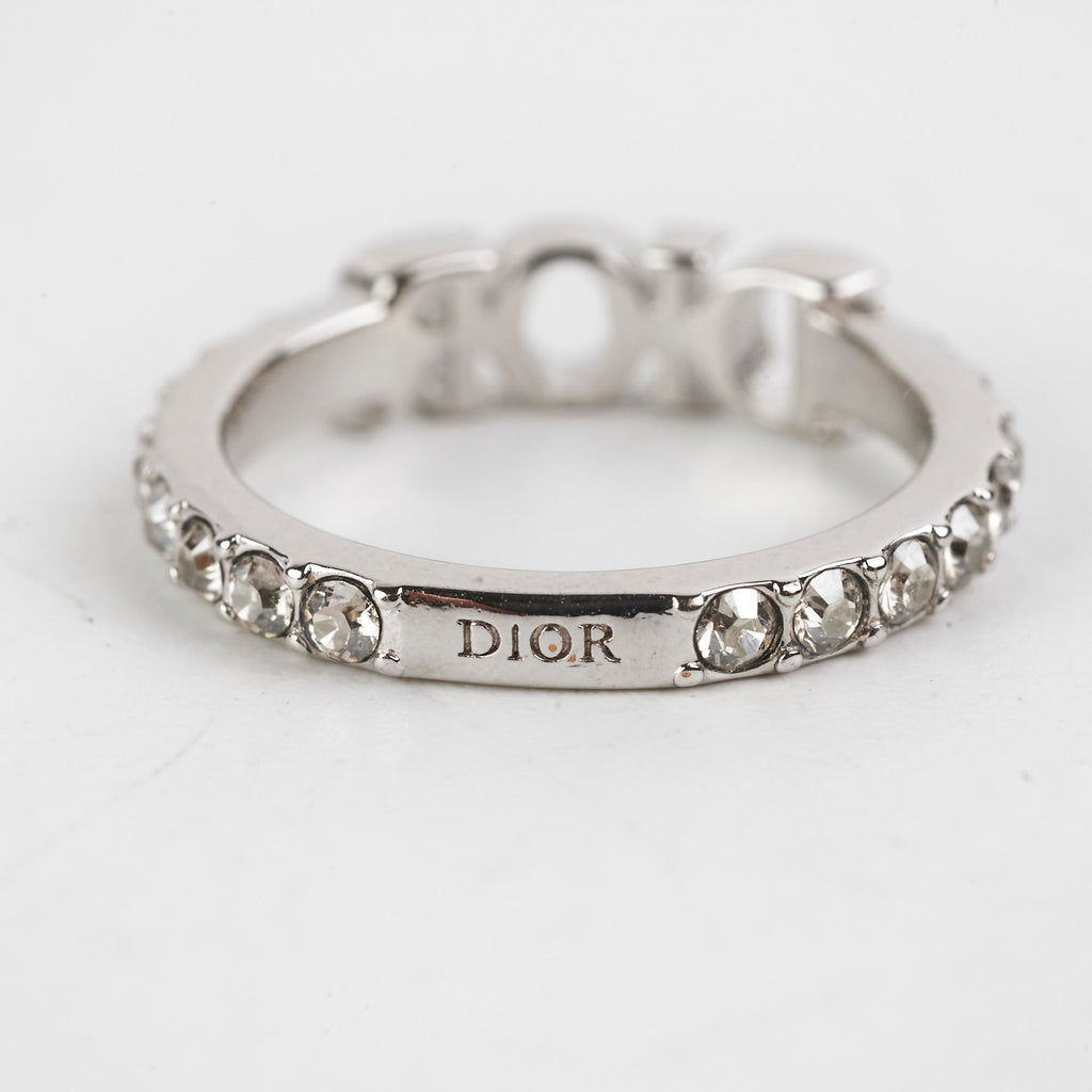 Christian Dior Logo Silver Rhinestone Ring Size M Costume Jewellery
