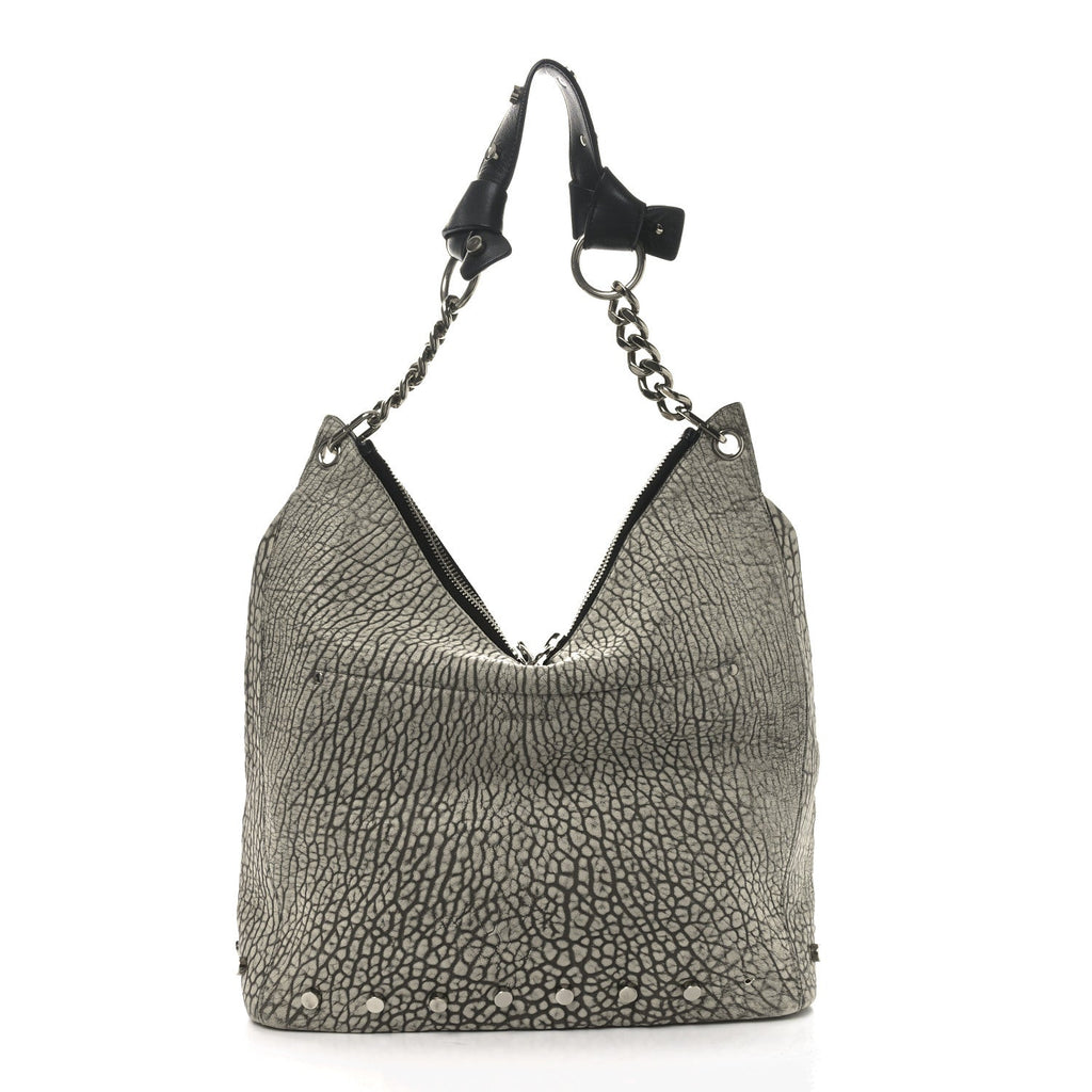 Washed Grainy Lambskin Studded Raven Hobo White Black