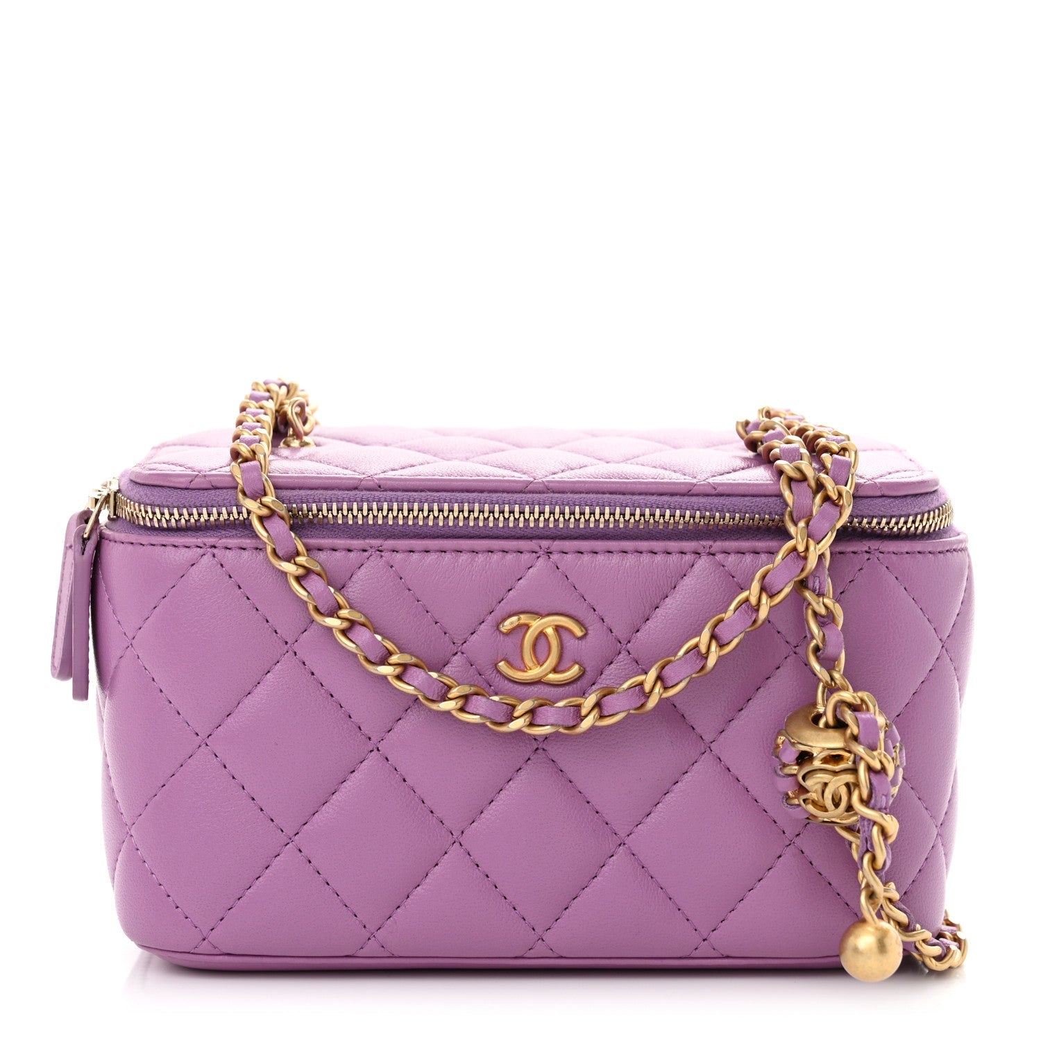 Lambskin Quilted Pearl Crush Small Vanity Case With Chain Purple