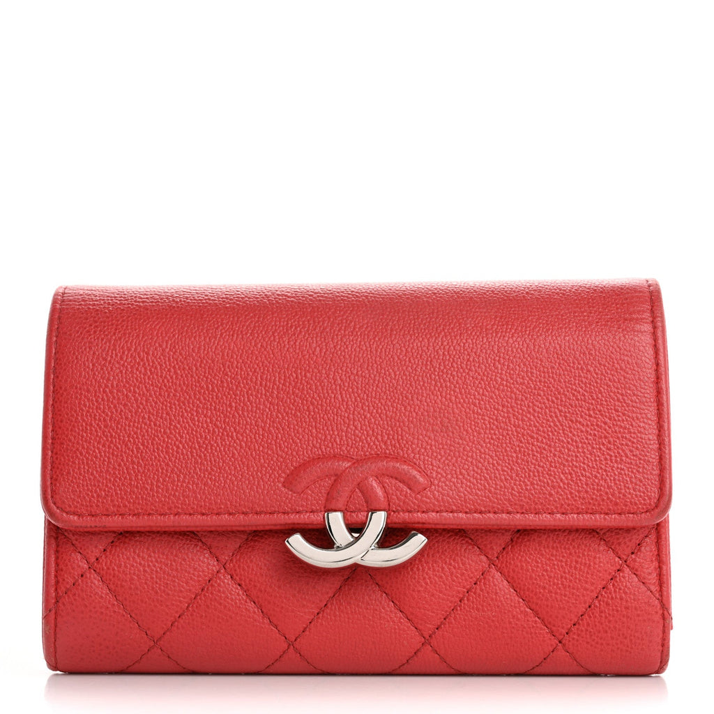 Grained Calfskin Quilted CC Box Flap Wallet Red