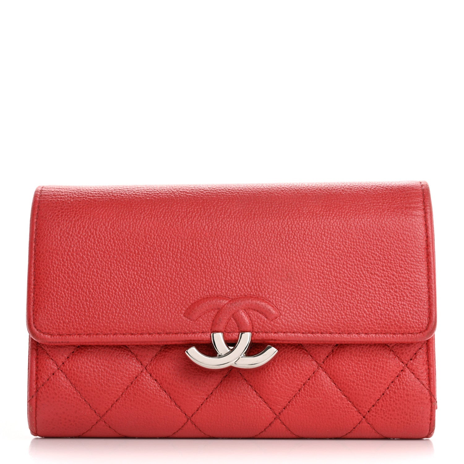 Grained Calfskin Quilted CC Box Flap Wallet Red