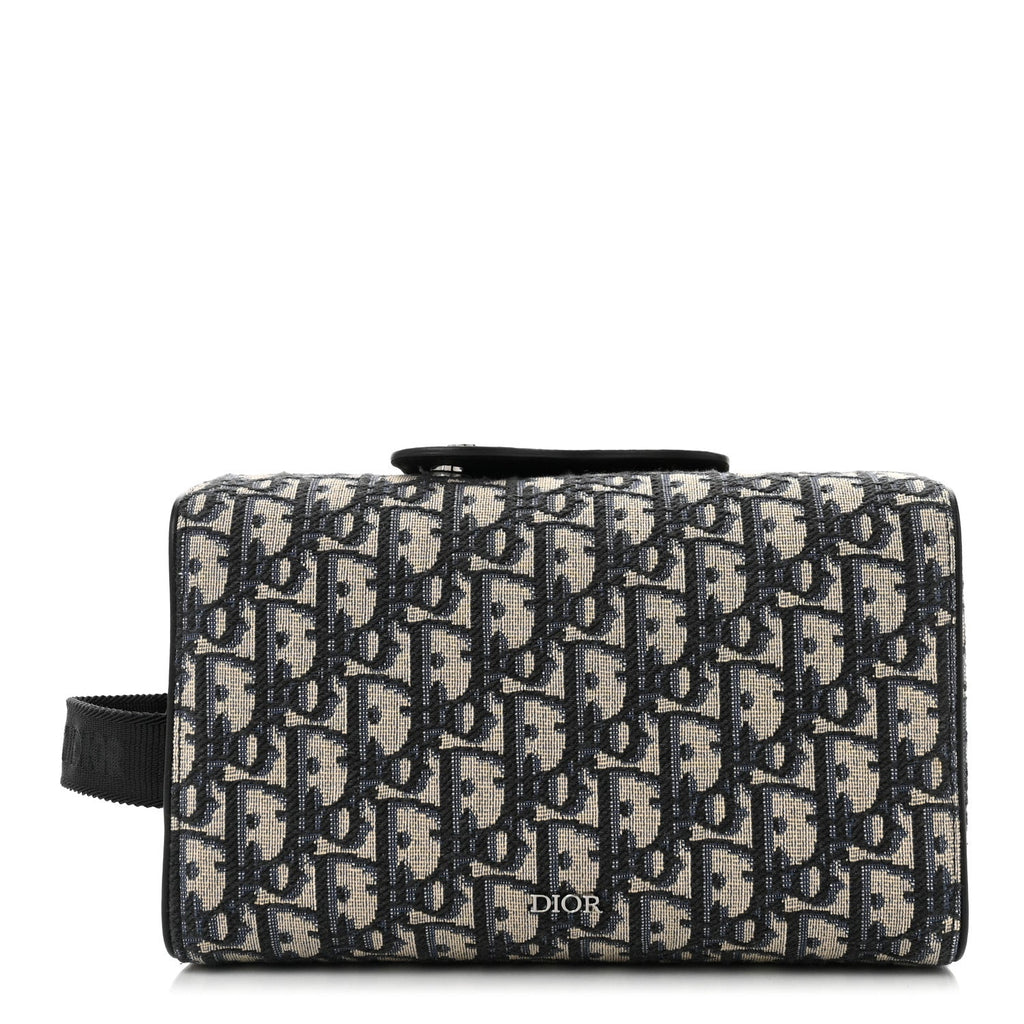 Oblique Jacquard Grained Calfskin Lingot Toiletry Case Blue Black