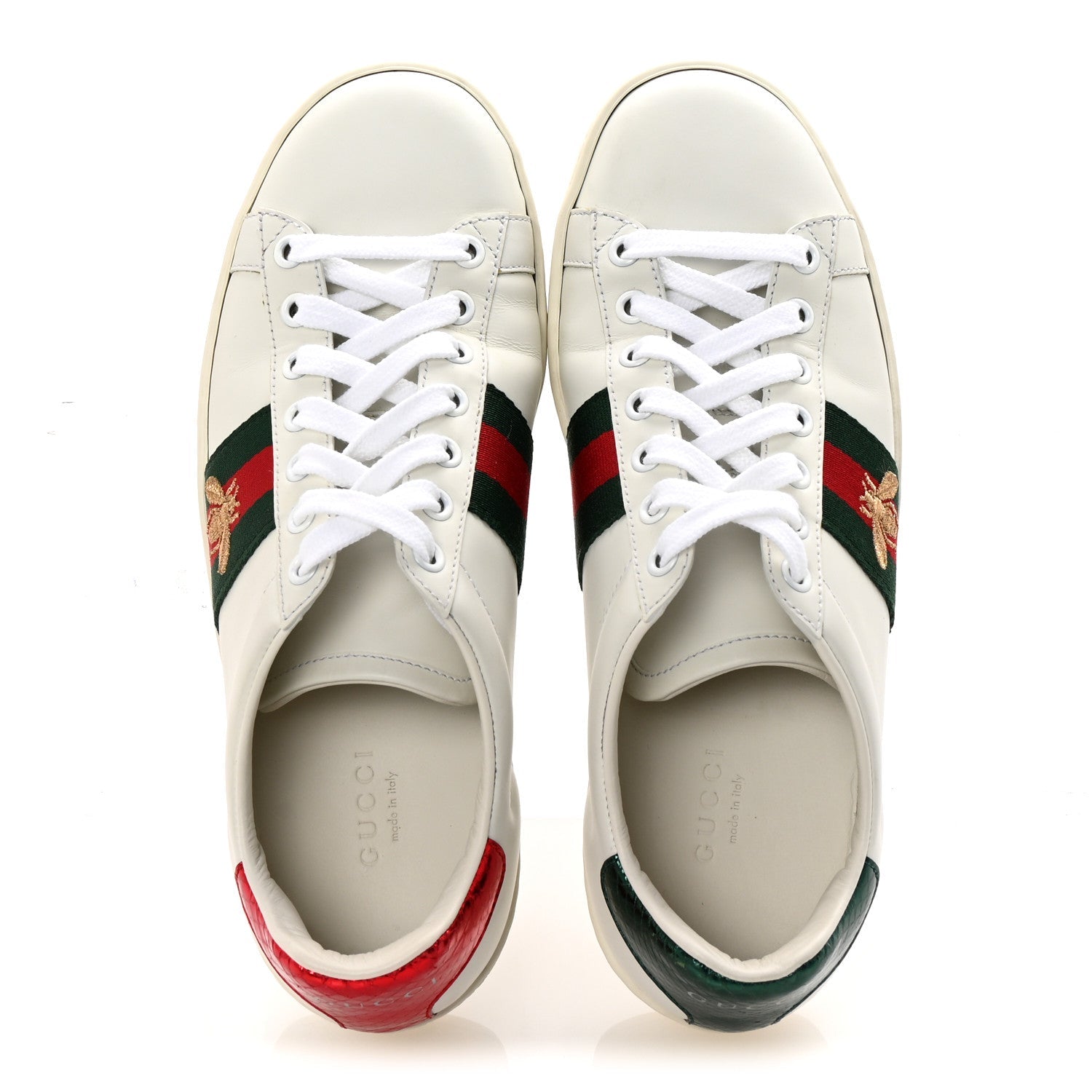 Calfskin Ayers Bee Embroidered Womens Ace Sneakers 37 White Red Flame Green