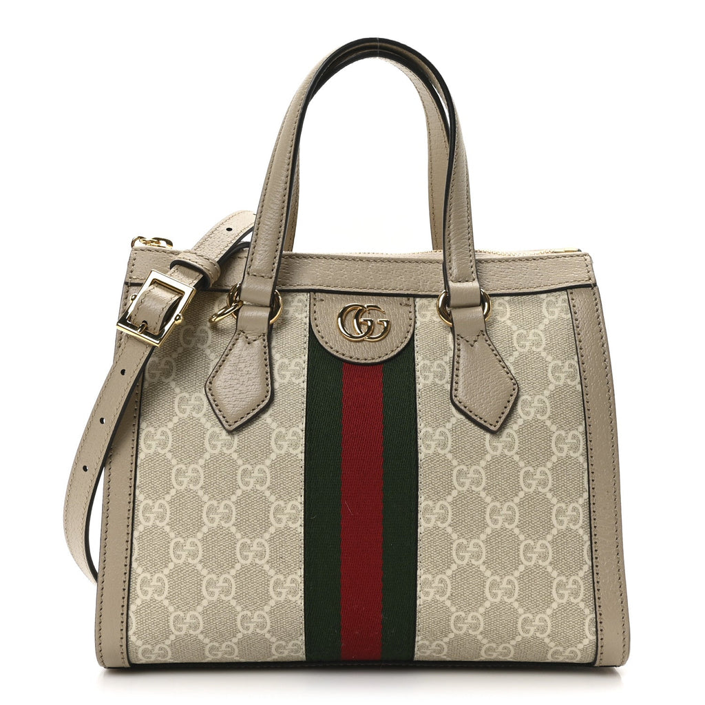 GG Supreme Monogram Textured Dollar Calfskin Web Small Ophidia Tote Bag Beige Mystic White Oatmeal
