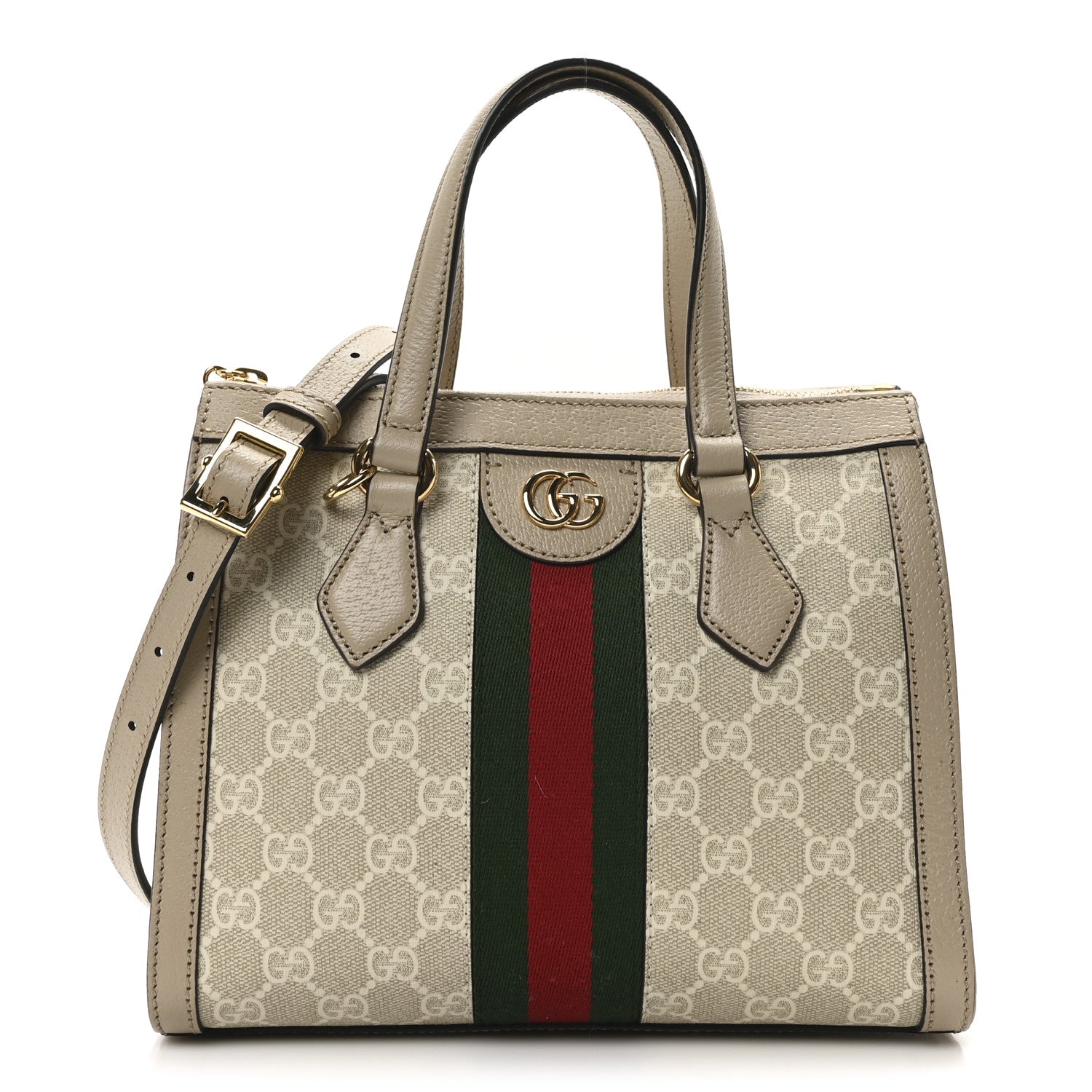 GG Supreme Monogram Textured Dollar Calfskin Web Small Ophidia Tote Bag Beige Mystic White Oatmeal