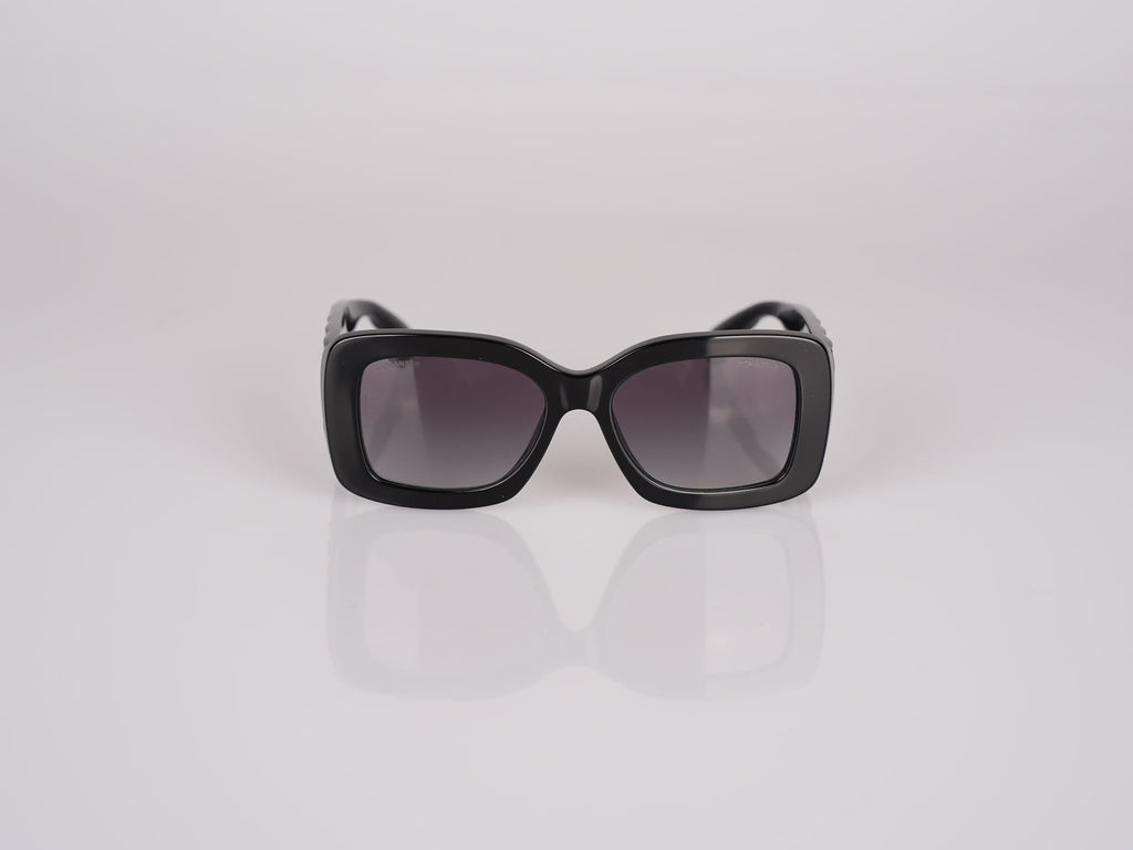 Chanel Sunglasses Black Polarized Gold Metal CC Logos with Gray Lenses