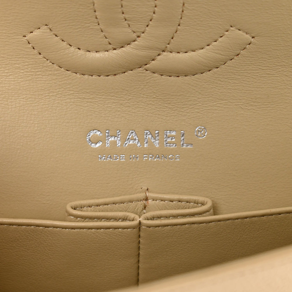 Caviar Quilted Medium Double Flap Beige
