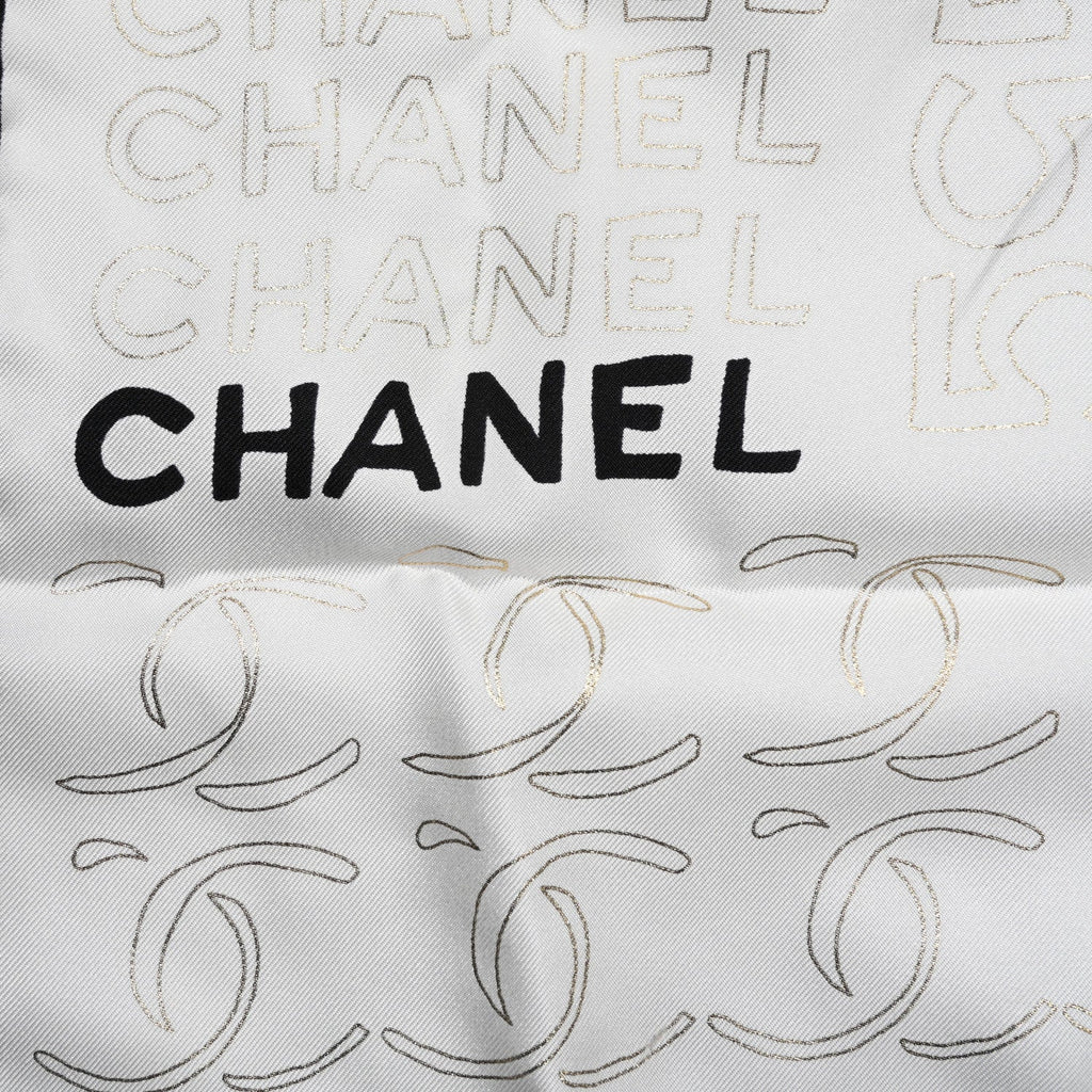 Silk CC Logo Charms Scarf White Gold Black