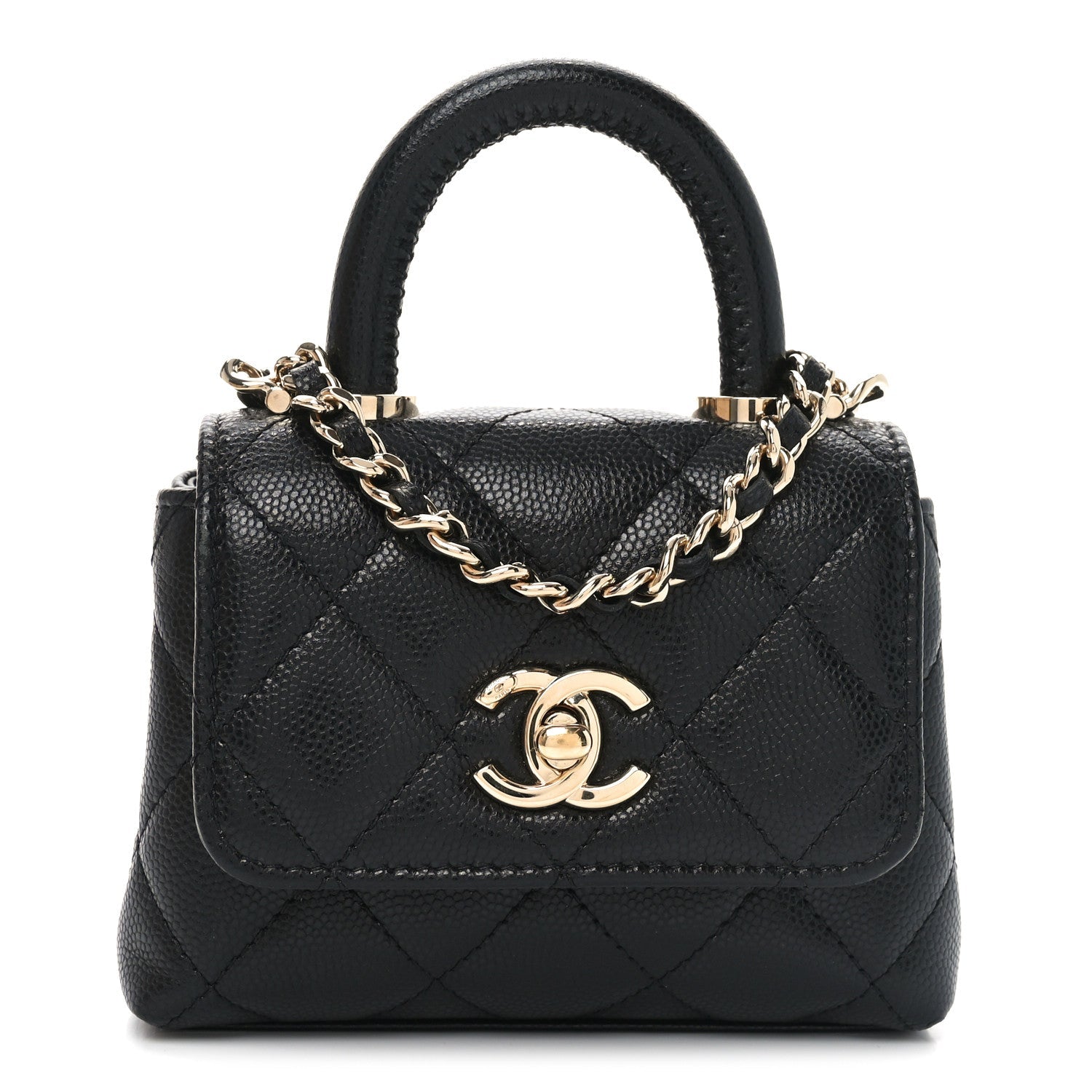 Caviar Quilted Nano Coco Handle Clutch With Chain Black