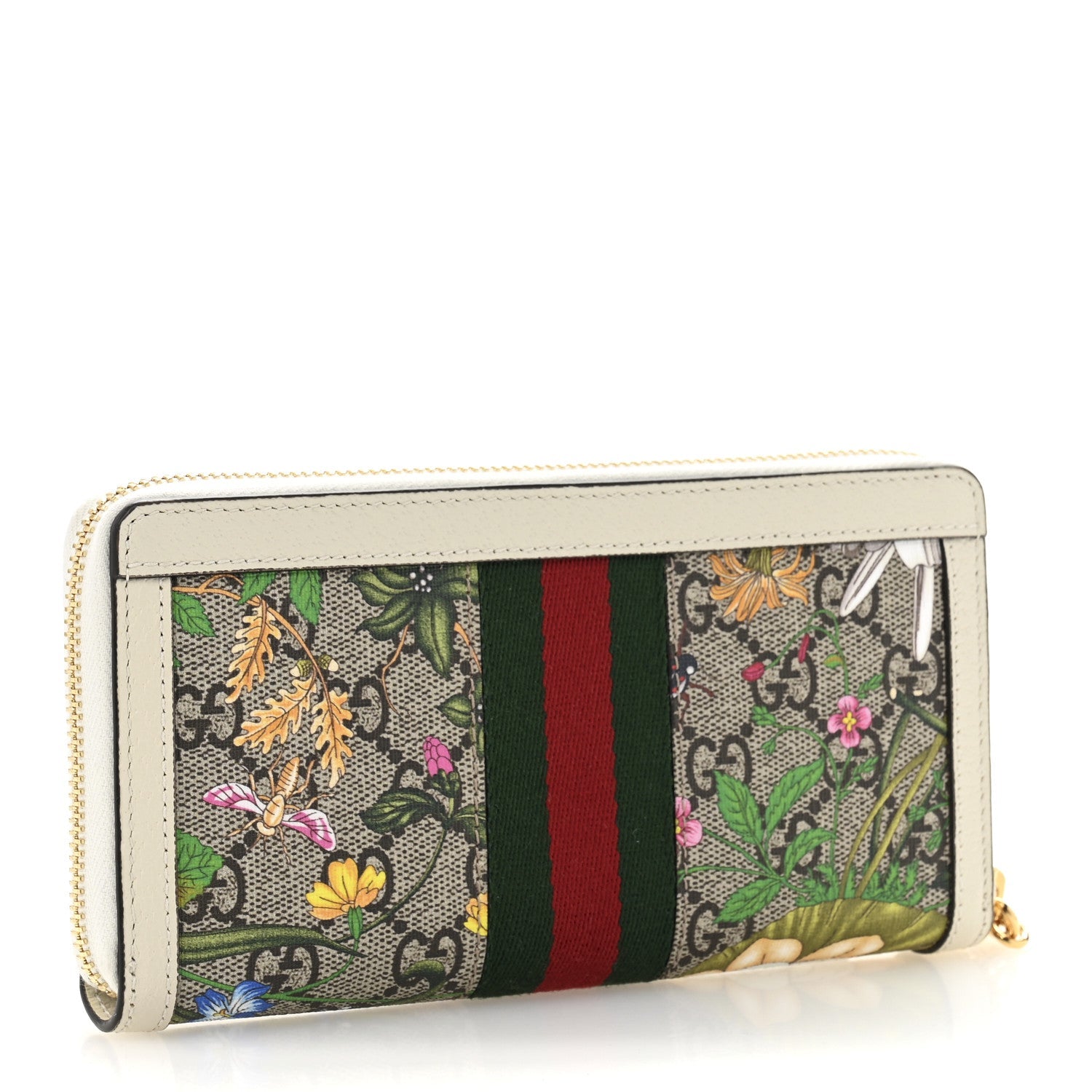 GG Supreme Monogram Flora Ophidia Zip Around Wallet White