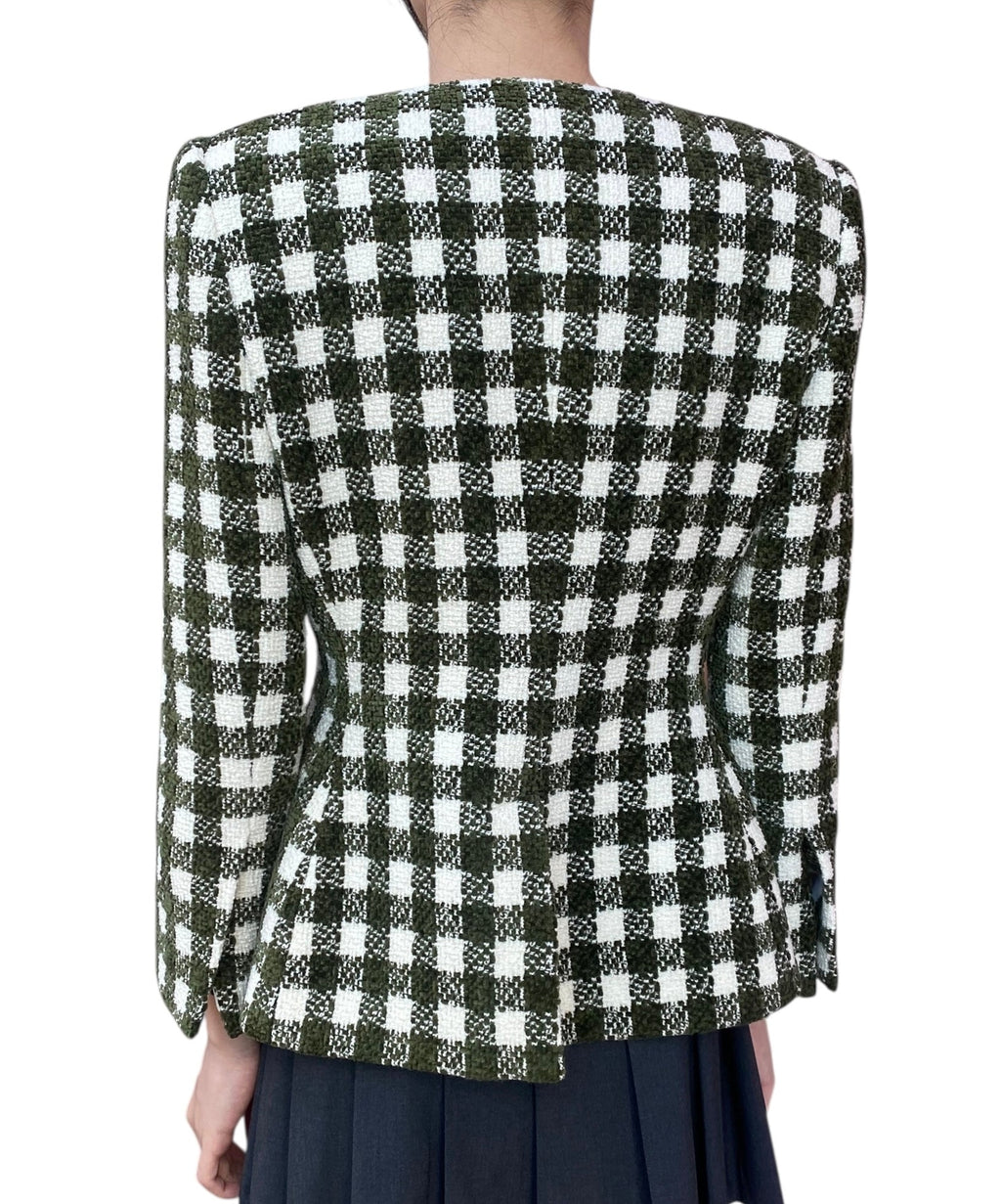 Oscar De La Renta Green Chenille Check Tweed Jacket - US 8
