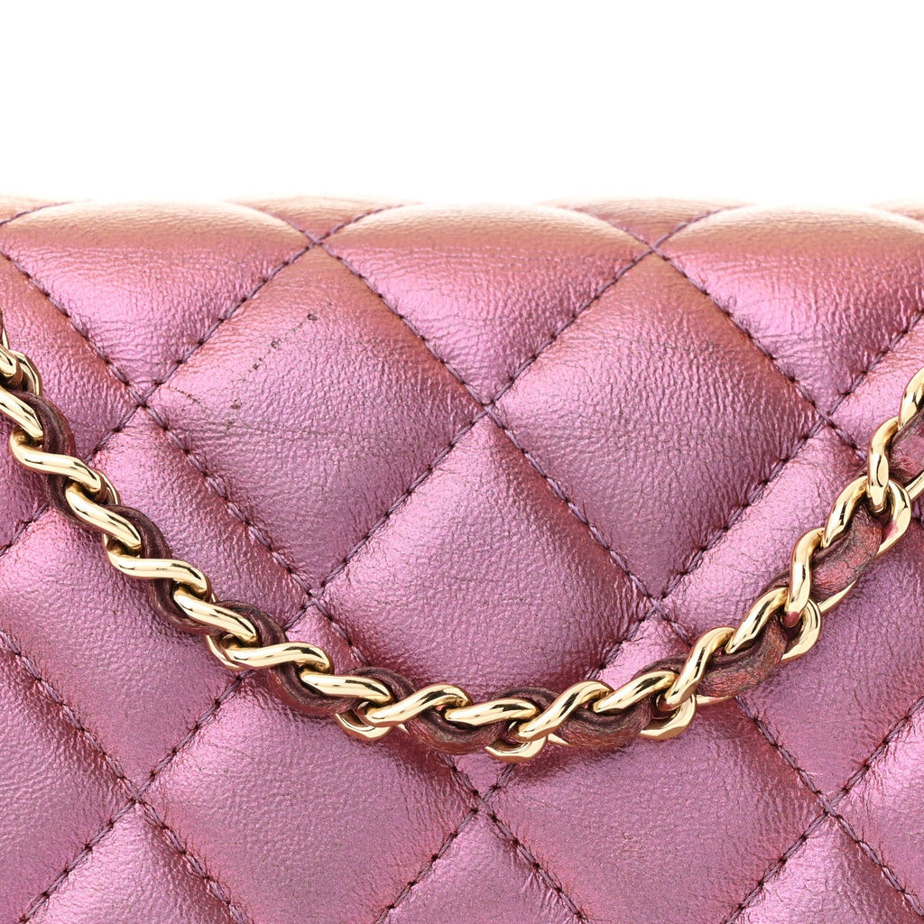 Iridescent Lambskin Quilted Wallet On Chain WOC Purple