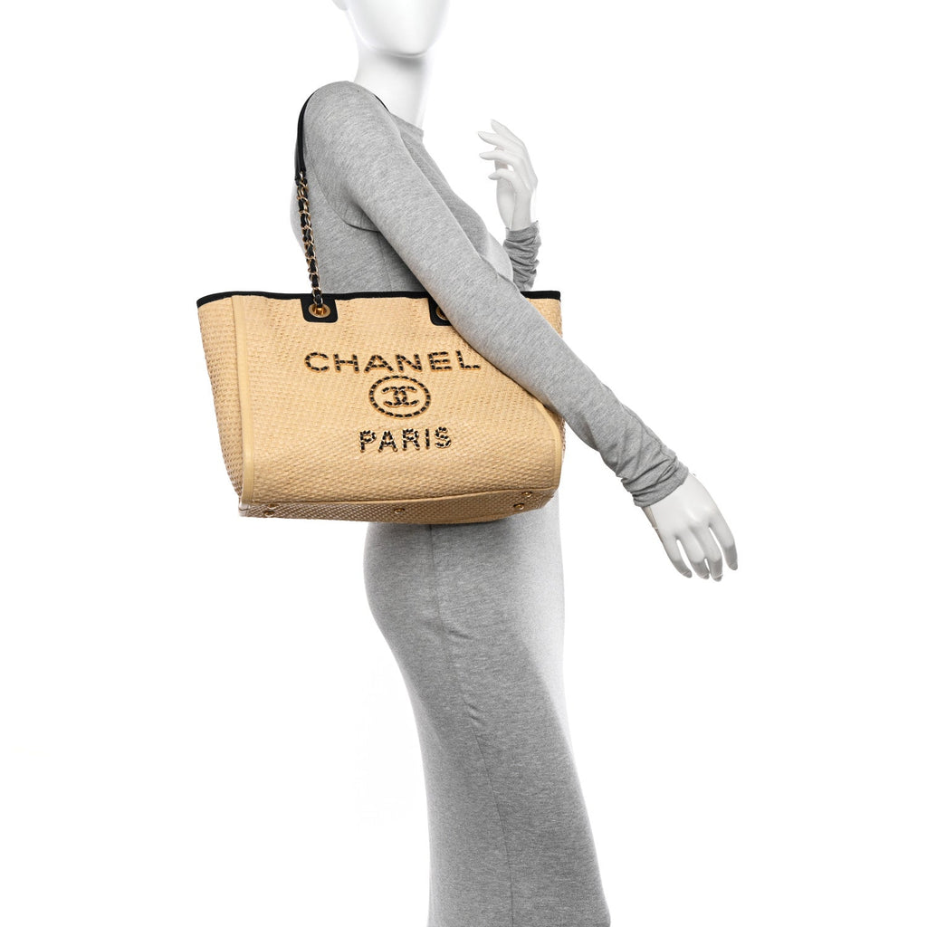 Straw Raffia Calfskin Chain Small Deauville Tote Beige Black