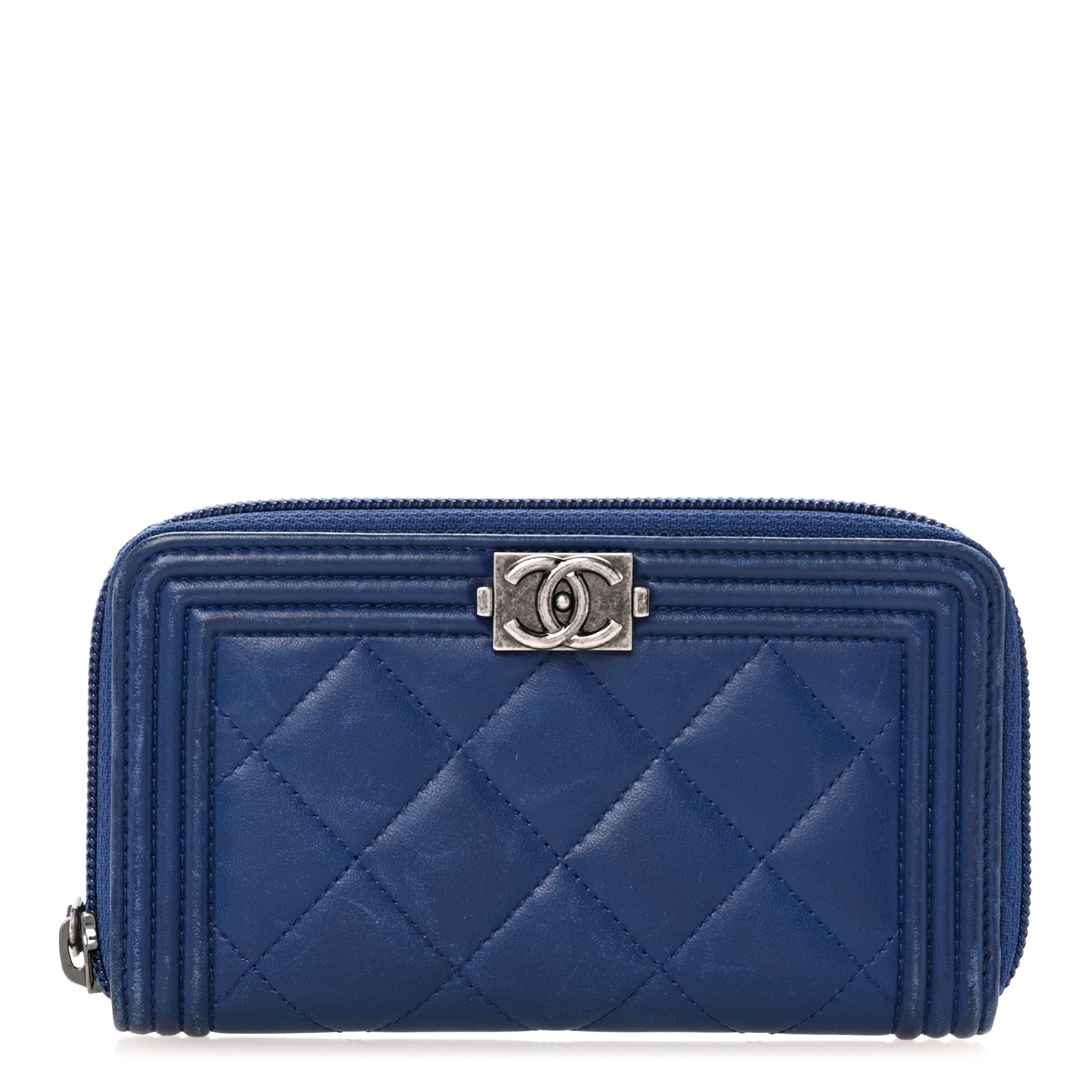 Lambskin Quilted Small Boy Zip Around Wallet Blue