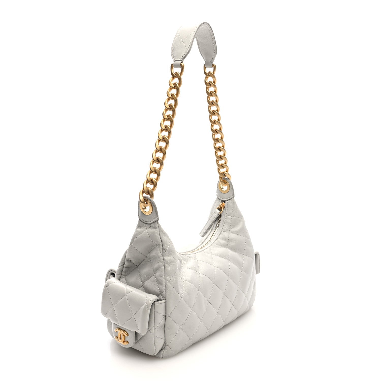 Shiny Lambskin Quilted Large Trendy Pockets Hobo Light Grey