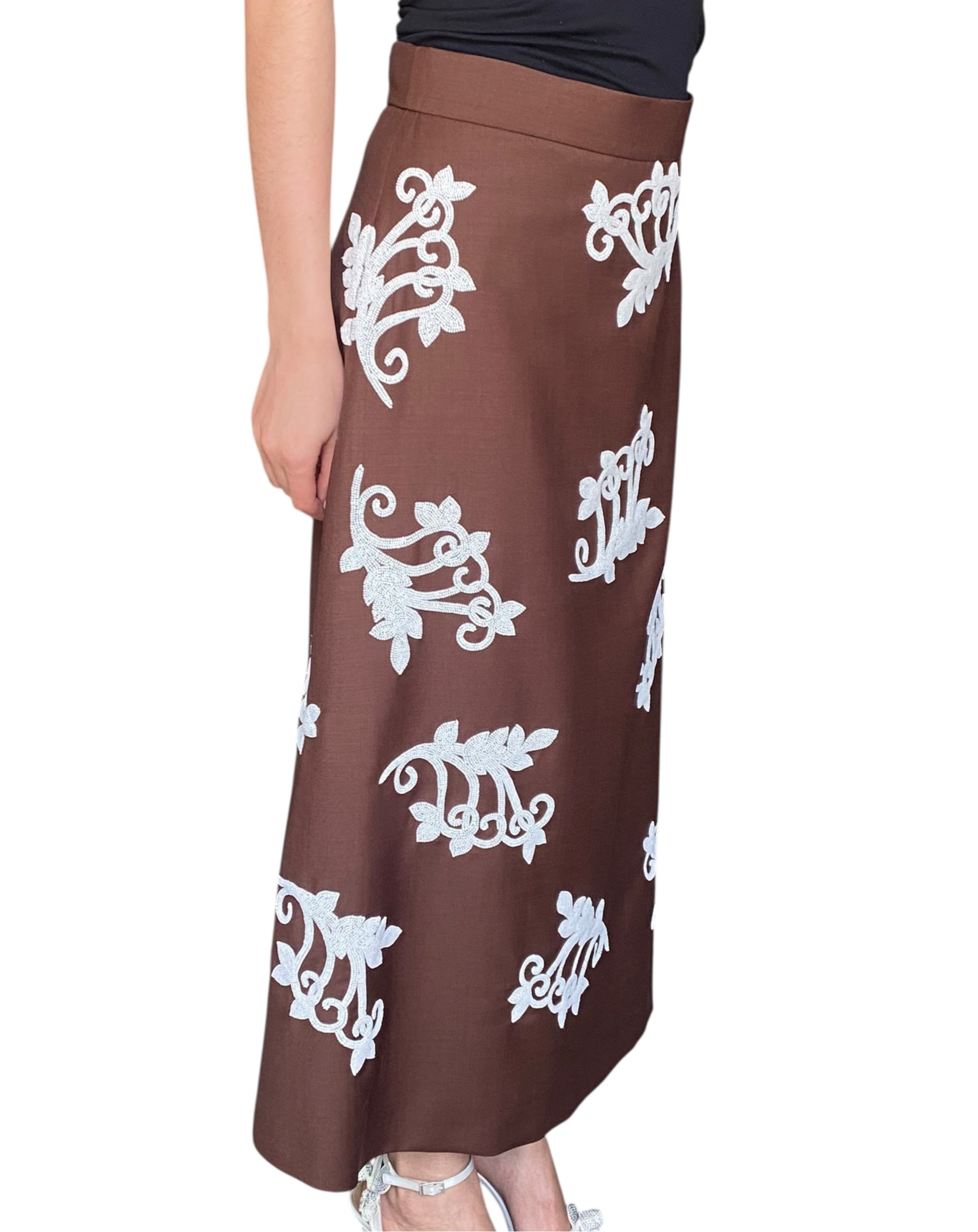 Prada Brown Mohair Floral Sequin Embellished Skirt -  42
