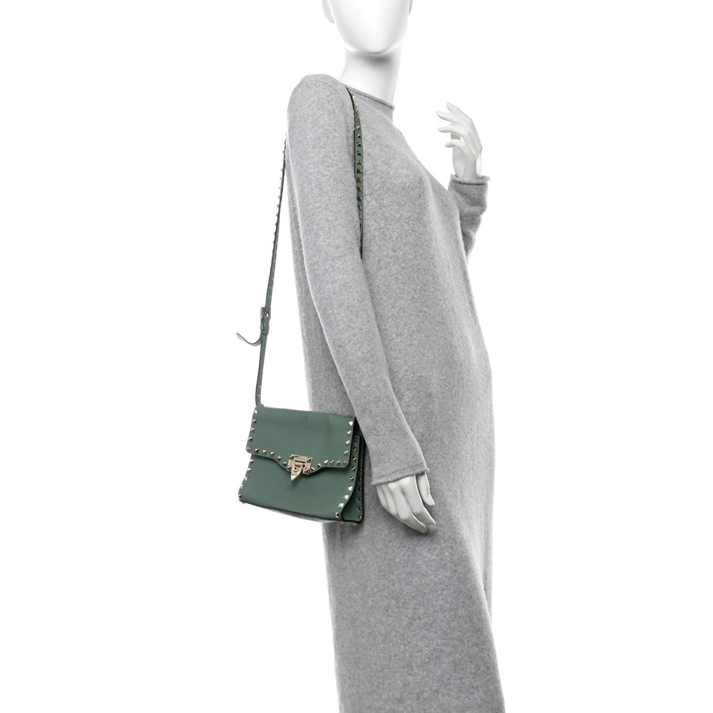 Pebbled Calfskin Medium Rockstud Flip Lock Crossbody Bag Light Green