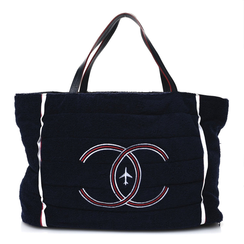 Nylon Terry Cloth Reversible Chanel Airlines Tote Silver Navy