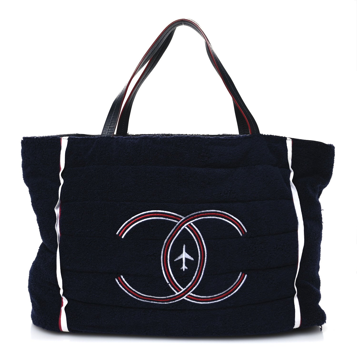 Nylon Terry Cloth Reversible Chanel Airlines Tote Silver Navy