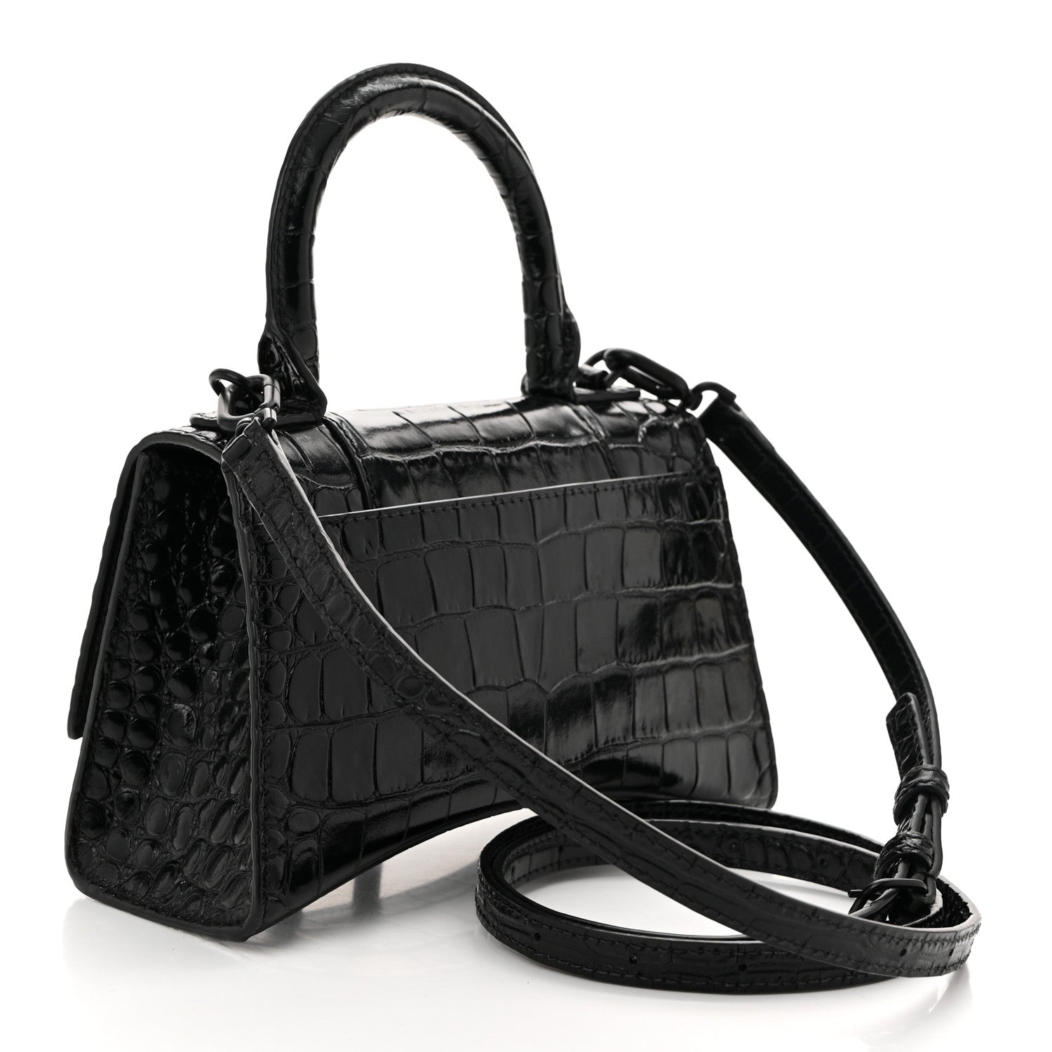 Shiny Calfskin Monochrome Crocodile Embossed Hourglass Top Handle Bag XS Black
