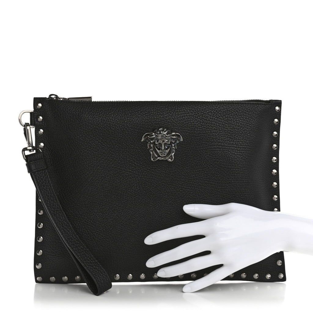 Grained Calfskin Studded Medusa Wristlet Pouch Black