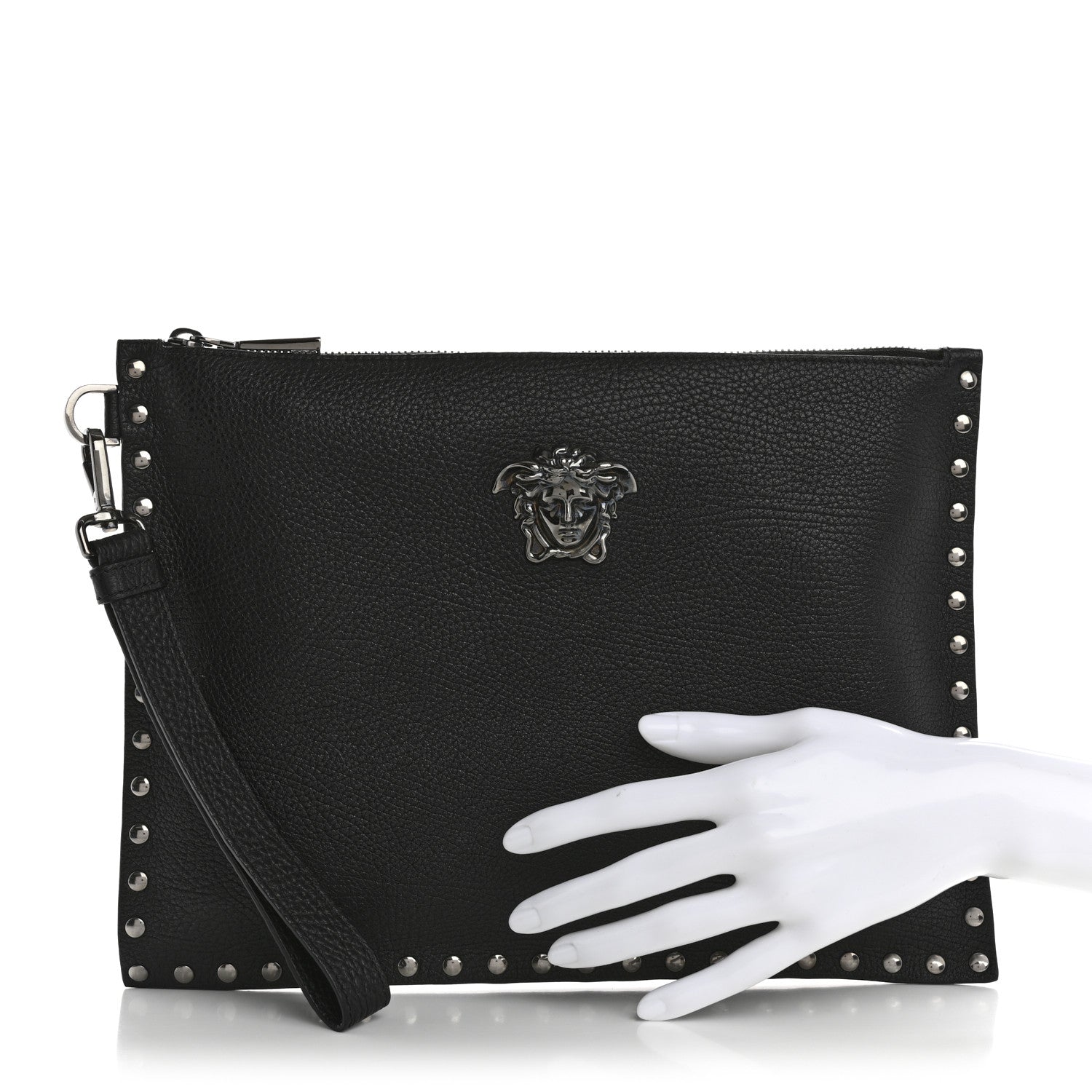 Grained Calfskin Studded Medusa Wristlet Pouch Black
