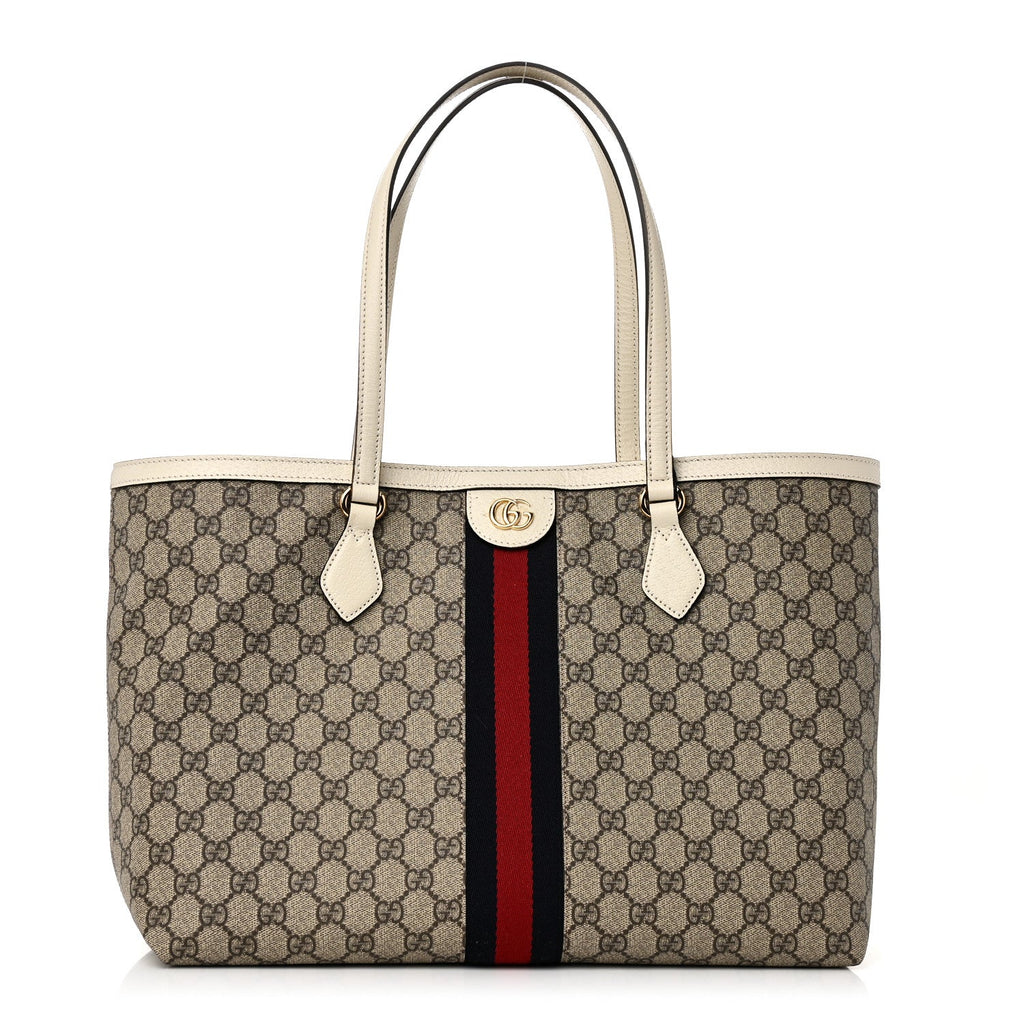 GG Supreme Monogram Textured Dollar Calfskin Web Medium Ophidia Shopping Tote Beige Ebony Mystic White