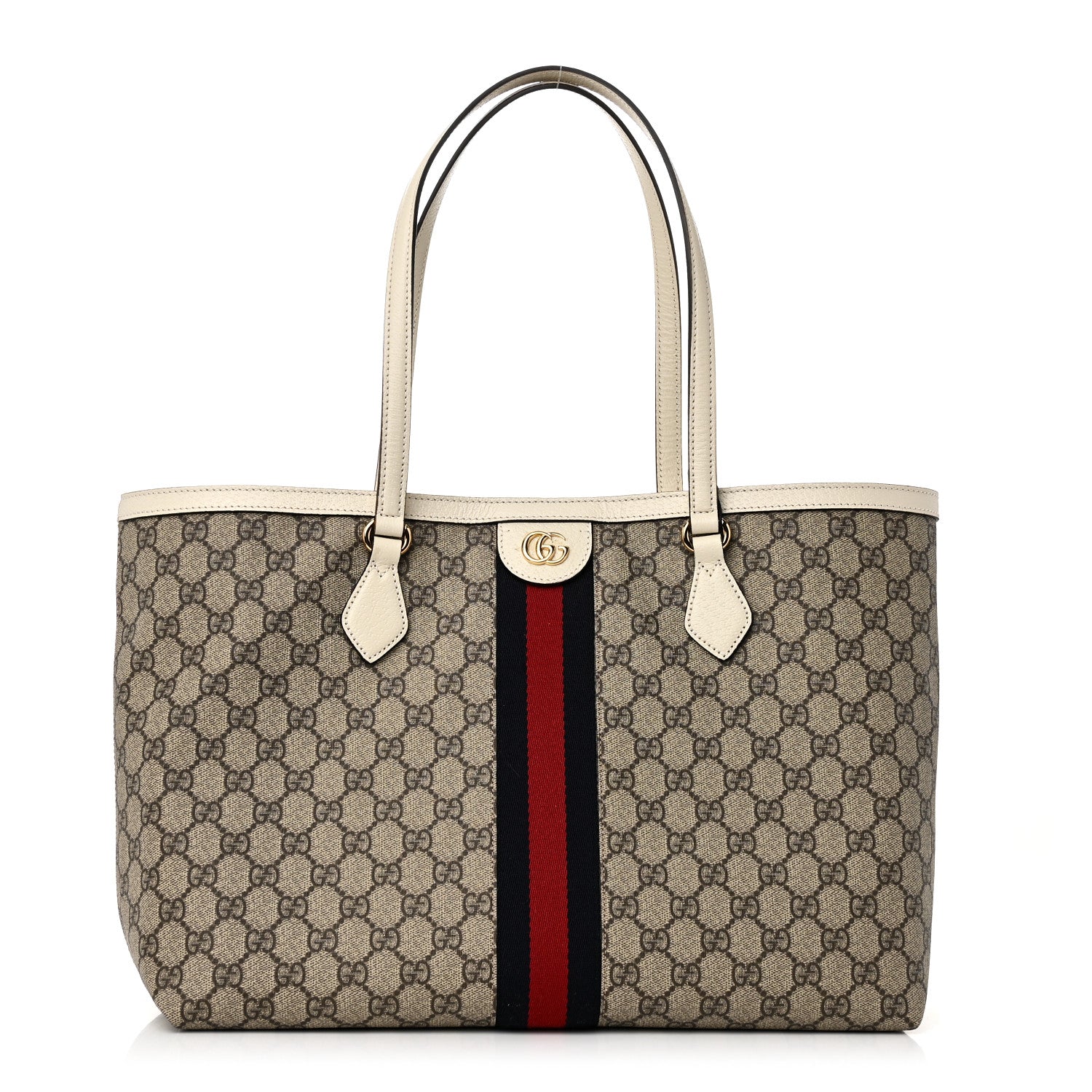 GG Supreme Monogram Textured Dollar Calfskin Web Medium Ophidia Shopping Tote Beige Ebony Mystic White