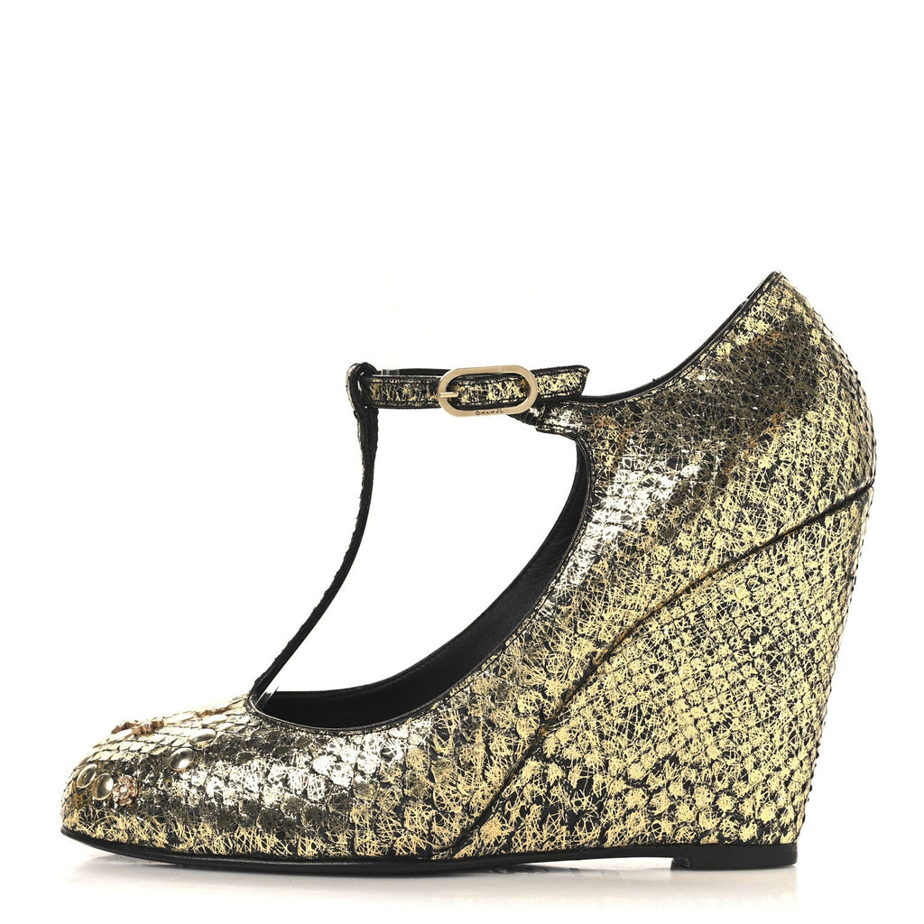 Metallic Snakeskin Studded CC T-Strap Wedges 37 Gold Black