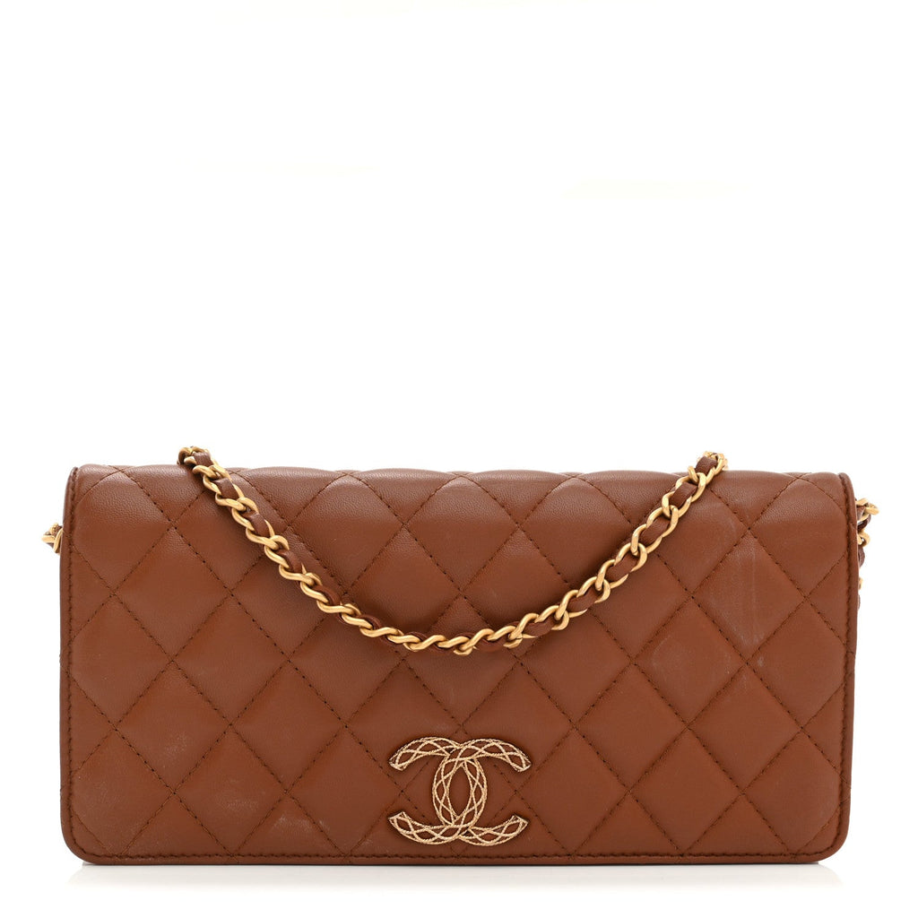 Lambskin Quilted Clutch With Chain Brown