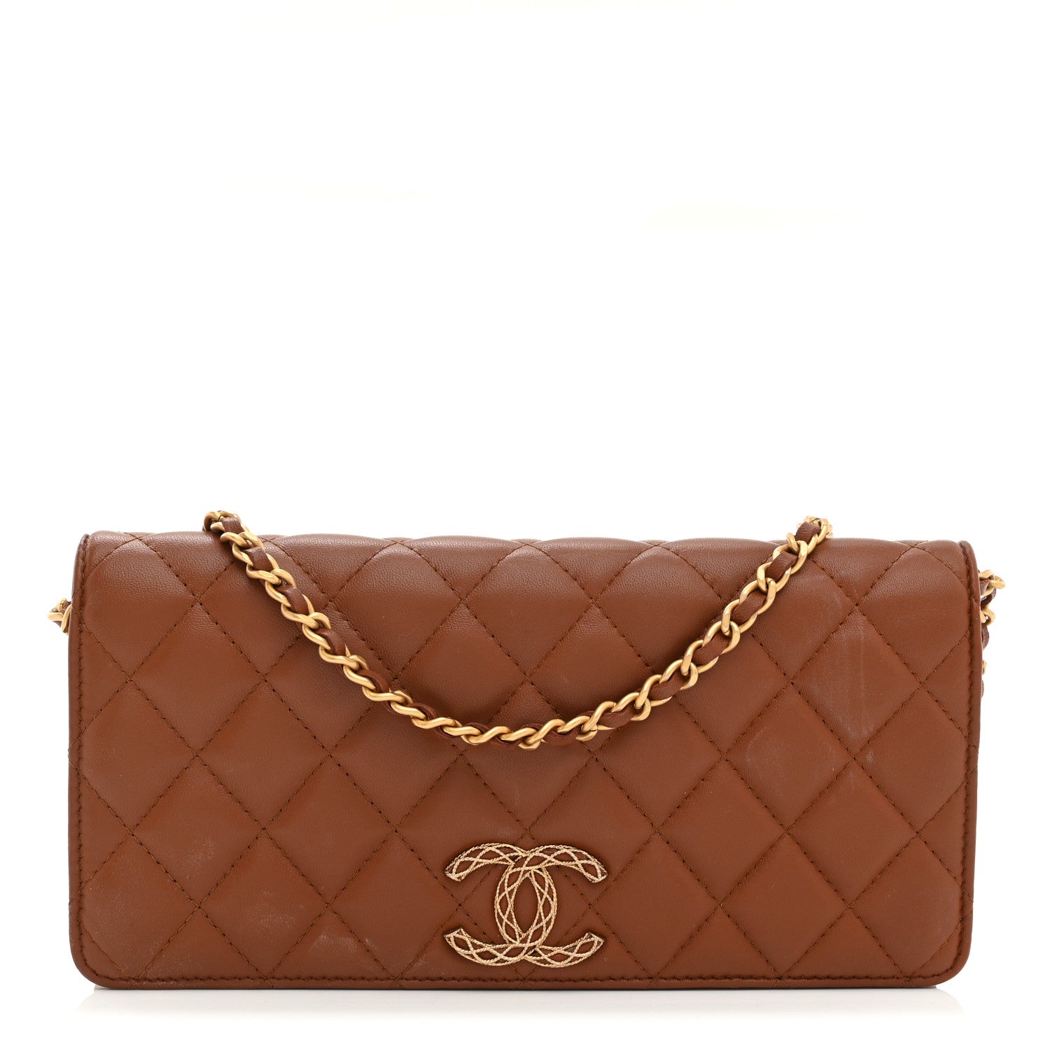 Lambskin Quilted Clutch With Chain Brown