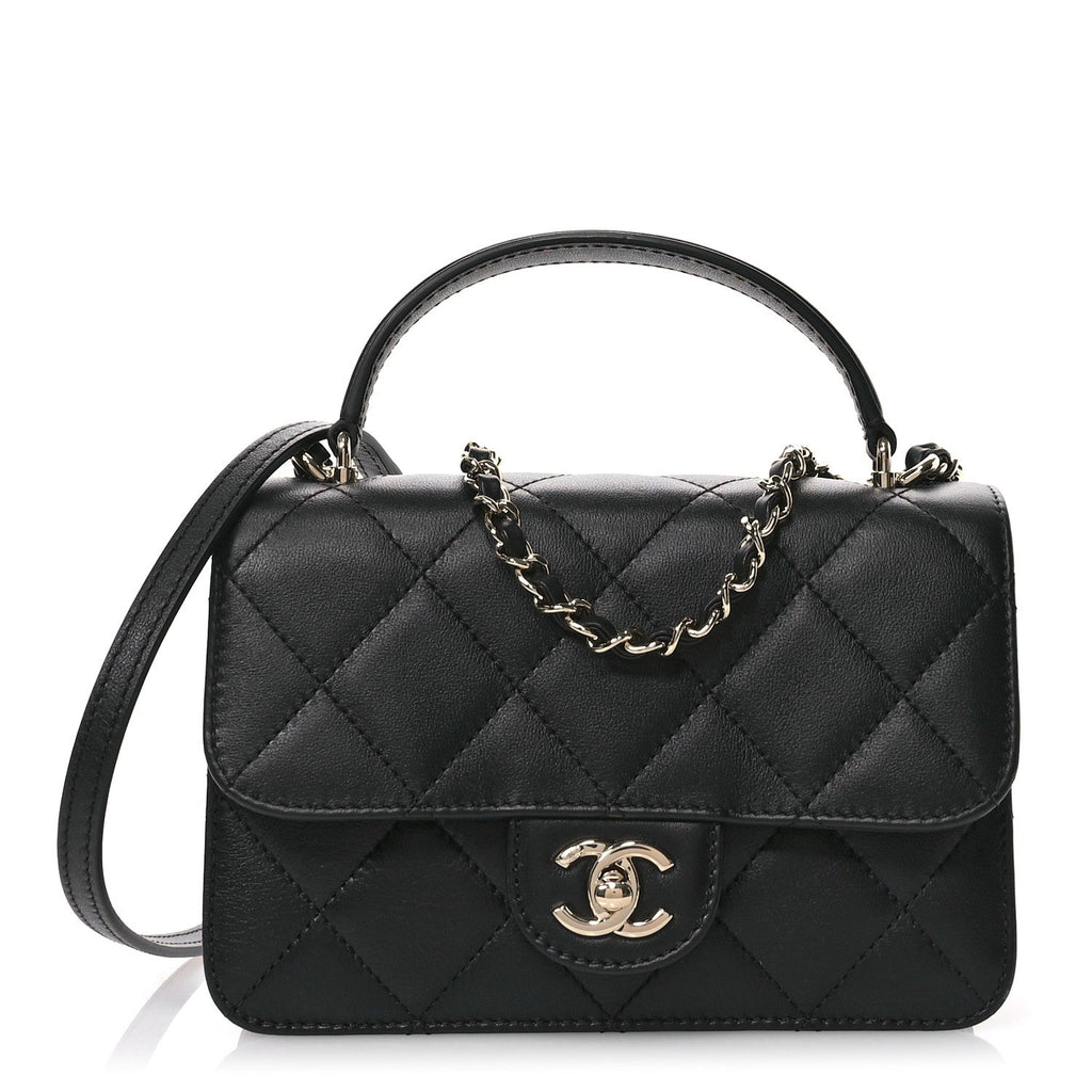 Calfskin Quilted Small Top Handle Flap Black