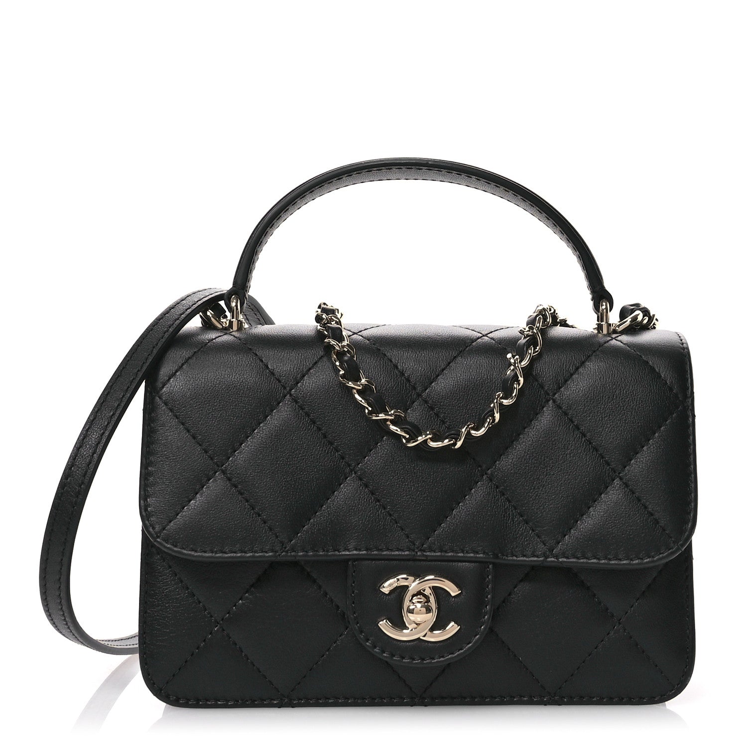 Calfskin Quilted Small Top Handle Flap Black