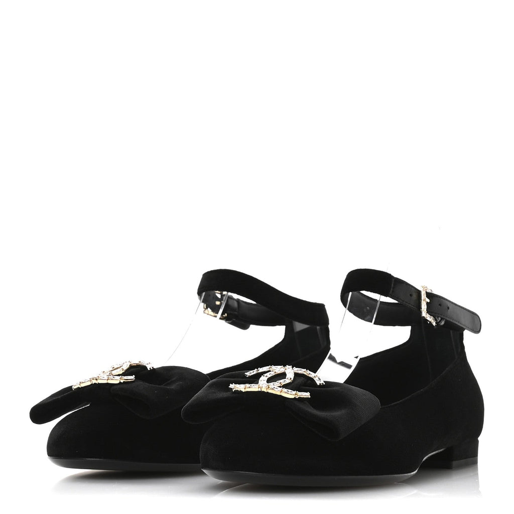 Velvet Strass CC Bow Mary Jane Flats 35.5 Black