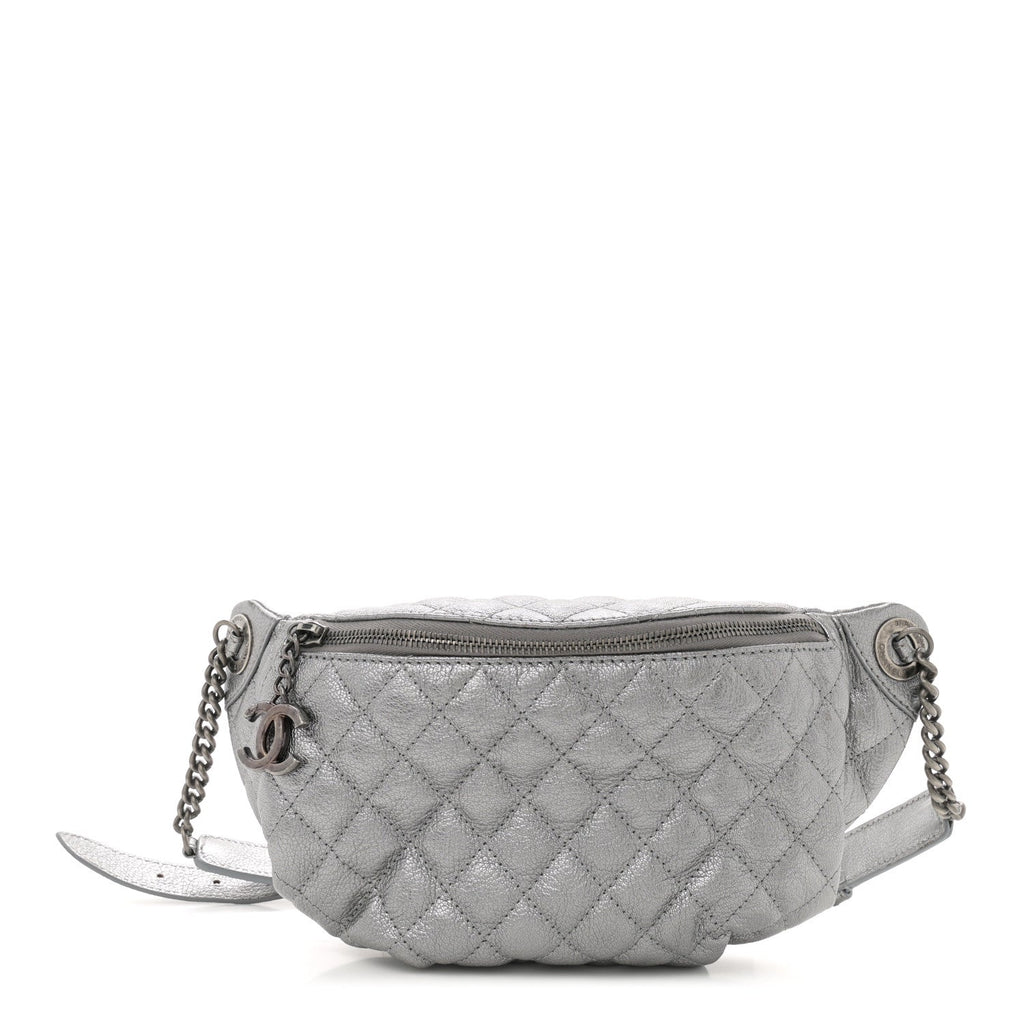 Metallic Calfskin Quilted Banane Waist Bag Fanny Pack Dark Silver