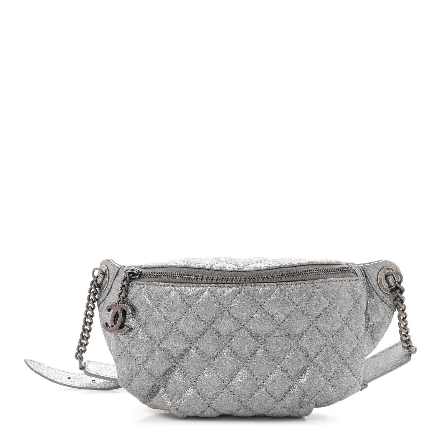 Metallic Calfskin Quilted Banane Waist Bag Fanny Pack Dark Silver