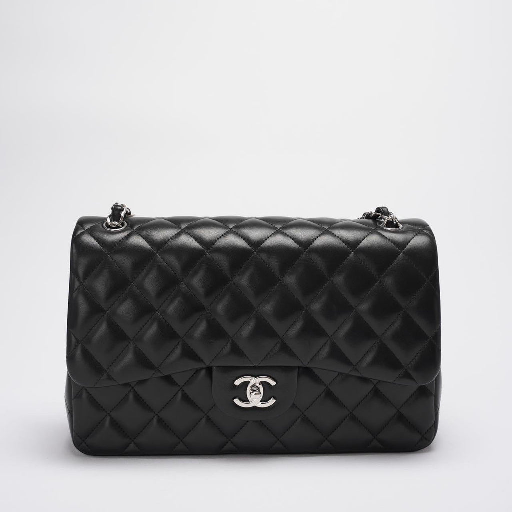 Chanel Classic Flap Bag Lambskin Black Bag Jumbo in Silver Hardware