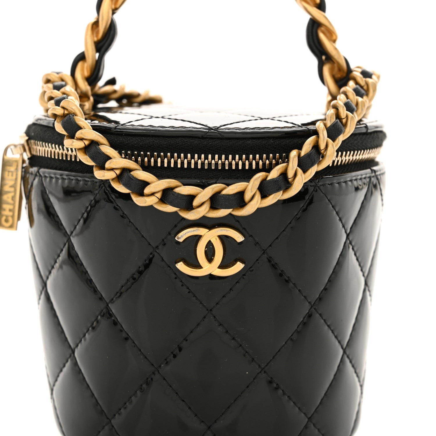 Patent Quilted Afternoon Tea Top Handle Vanity Case With Chain Black
