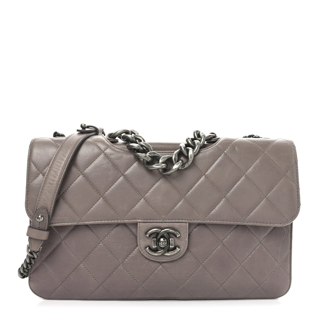 Glazed Calfskin Quilted Large Perfect Edge Flap Light Pink
