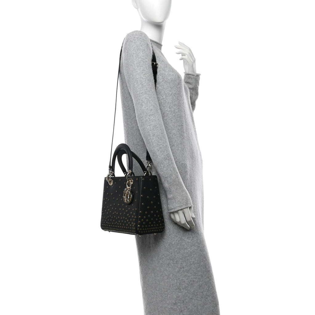 Calfskin Studded Sequin Medium Lady Dior Black