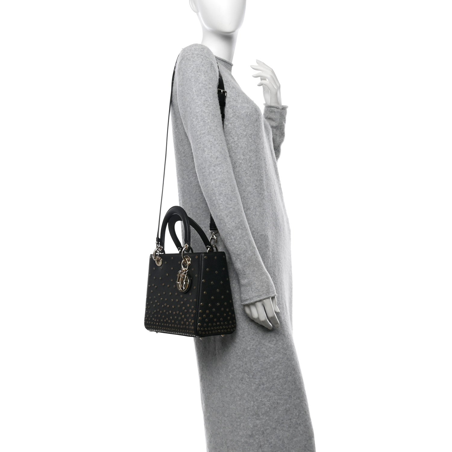 Calfskin Studded Sequin Medium Lady Dior Black